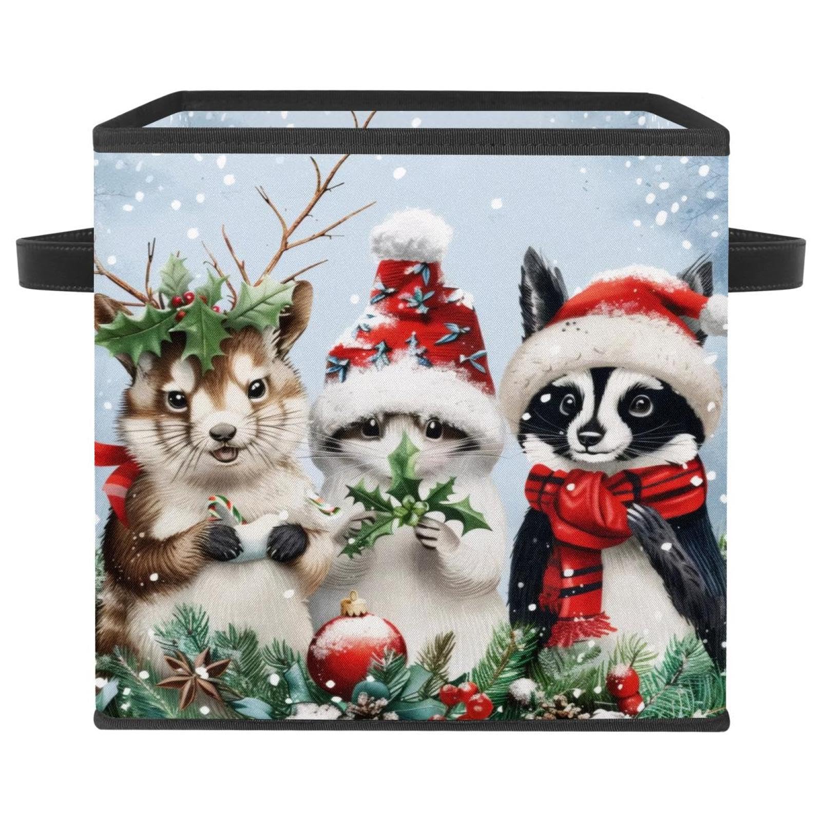 Boîte de rangement animaux Noël : grand cube en tissu Oxford avec double poignées pour vêtements