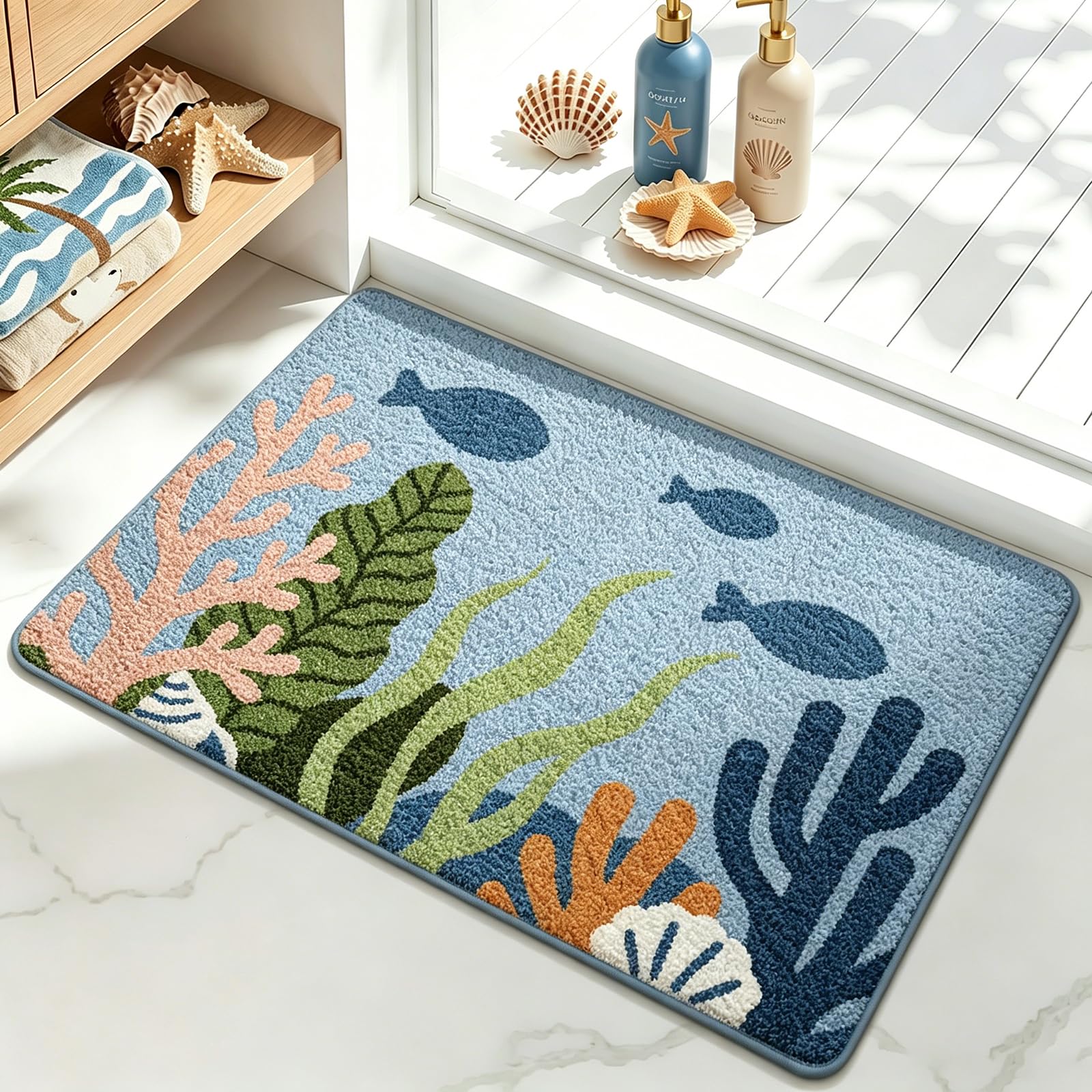 AVEKI Fun Beach Theme Bath Mat, Soft Non-Slip Plush Bathroom Rug, Ultra Absorbent Microfiber Shaggy Doormat, Machine Washable Playful Ocean Decor Rug 20x31 Inch (Coral & Fish)