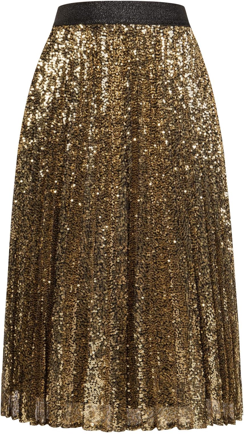 GRACE KARINWomen Sequin Skirts Ladies Autumn Glitter Elastic High Waist Pleated Dance Party Skirt