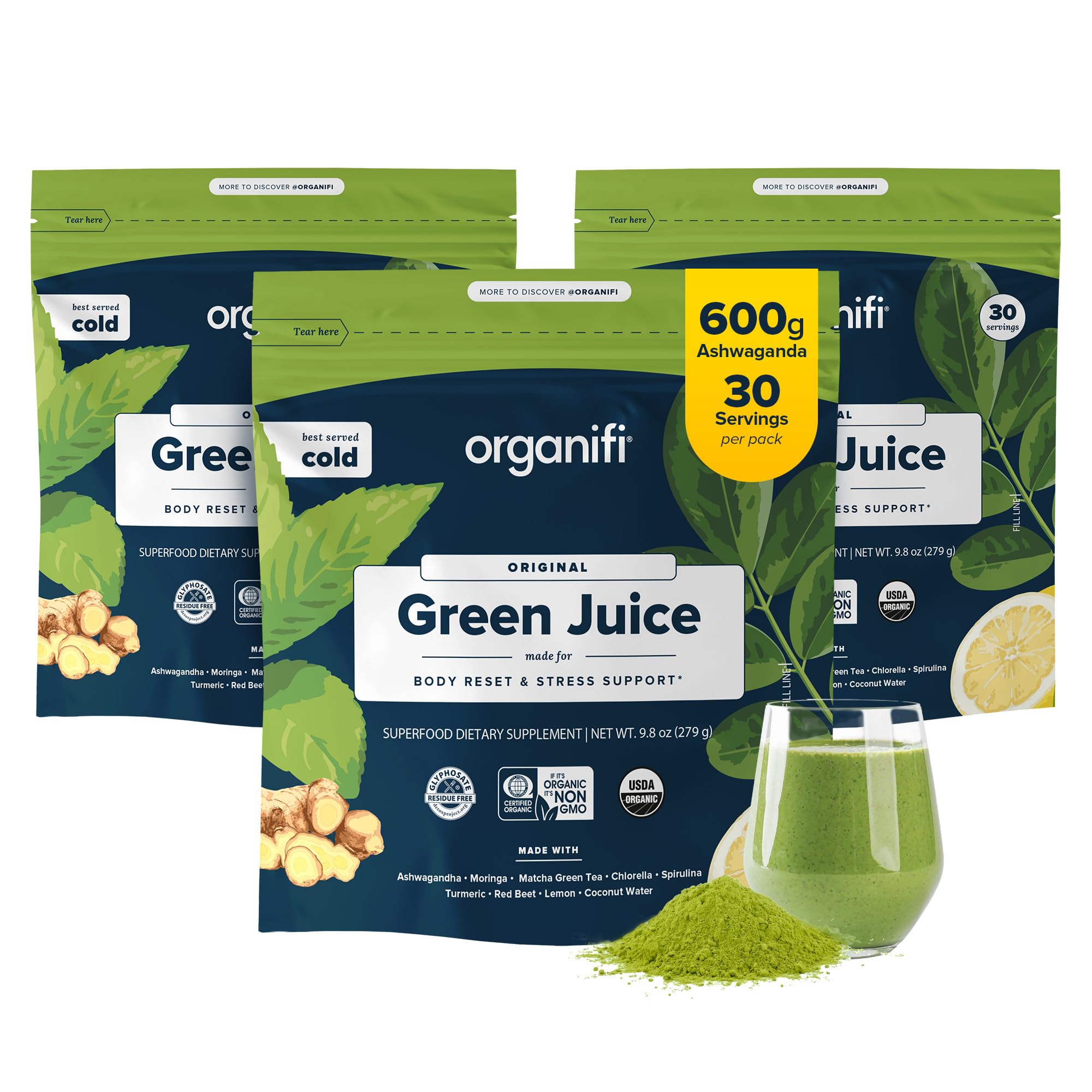 Organifi Green Juice - Organic Superfood Powder - 90-Day Supply - Organic Vegan Greens - Helps Decrease Cortisol - Provides Better Response to Stress - Supports Weight Control - Total Body Wellness