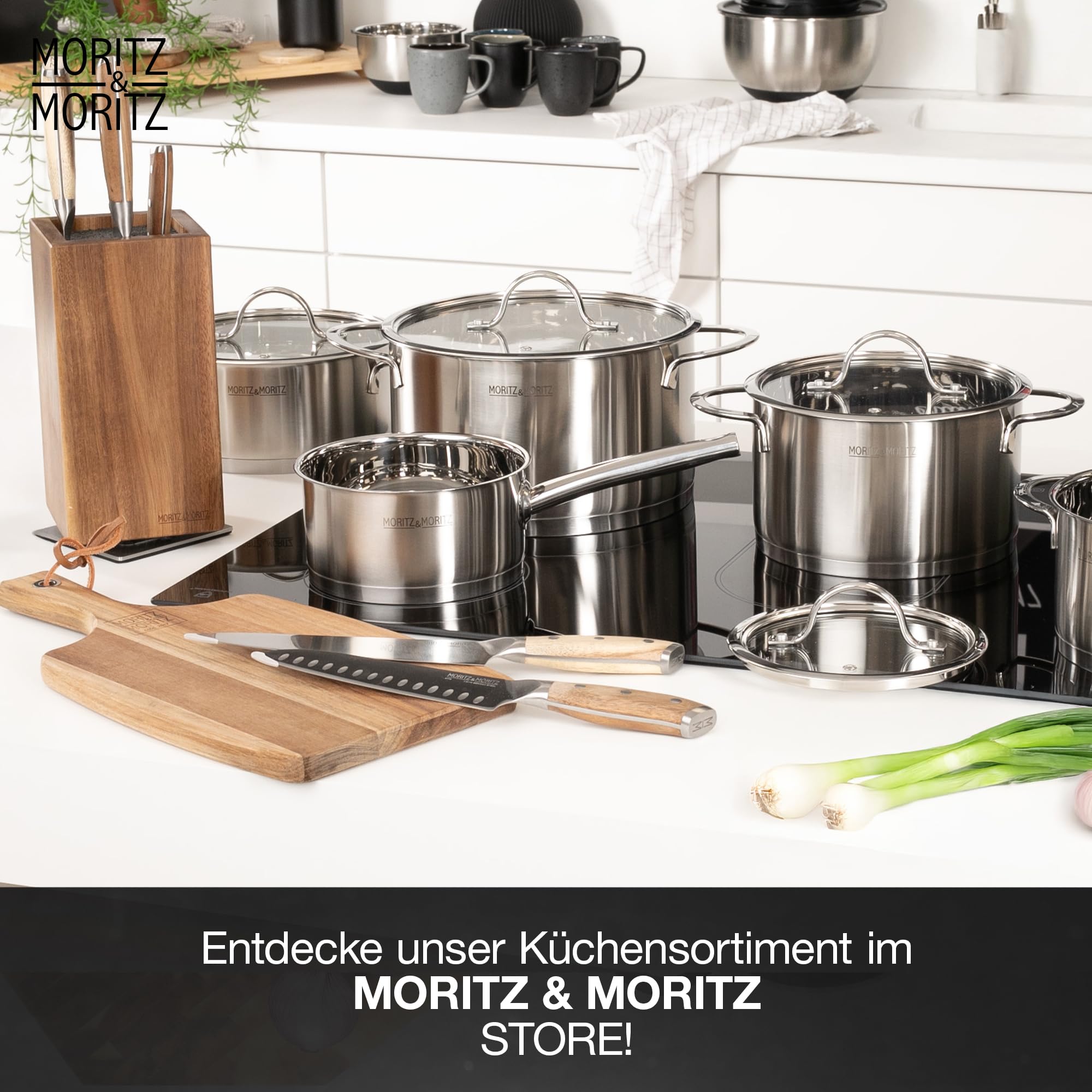 Moritz & Moritz 5-teiliges Kochtopfset inkl. 4 Glasdeckel - Edelstahl Topfset Induktion & alle Herdarten - stylische Töpfe mit Deckel & Stielkasserolle - Geeignet für Spülmaschine & Backofen