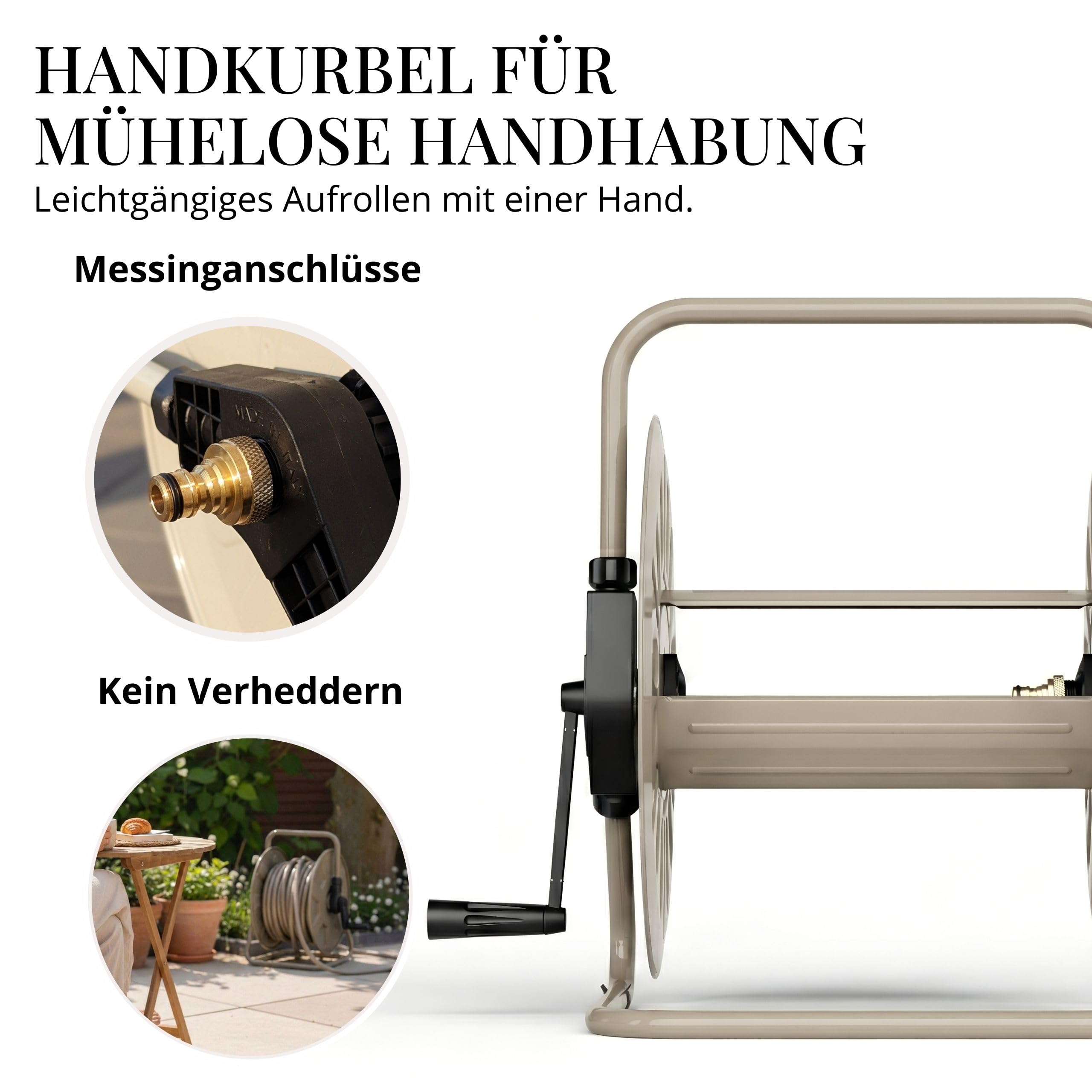 LIVLIG Schlauchtrommel Metall, Schlauchtrommel 50m Gartenschlauch, pulverbeschichtete Gartenschlauch Trommel, Wandmontage & Bodenbetrieb, Made in Italy, Sand