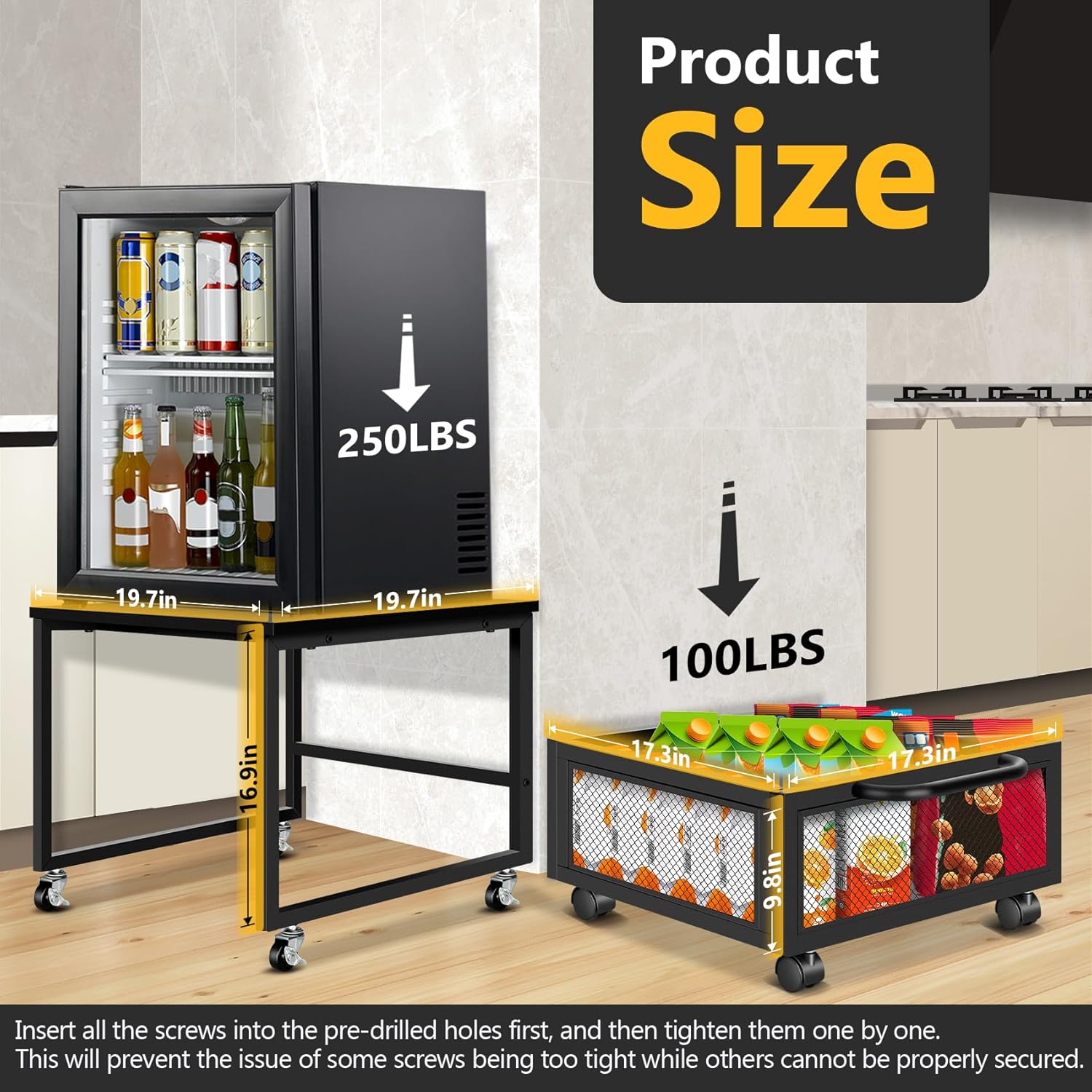 Mini Fridge Stand with Storage and Wheels, Mini Fridge Table with Large Storage Capacity, Removable Mini Fridge Cart, Fridge Stand Suitable for Kitchen, Room, Office, Black