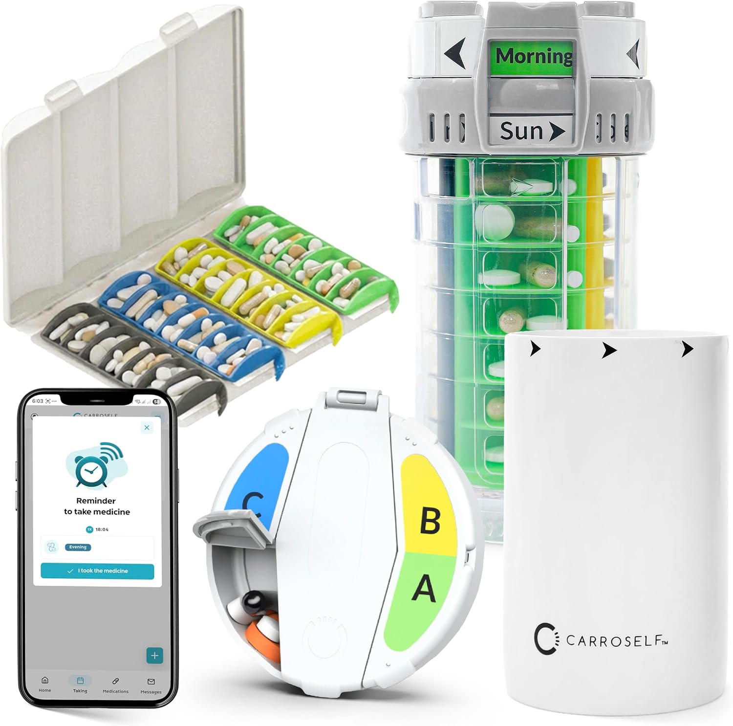 Smart Pill Dispenser with App Reminder – Full Set Easy-to-Use Vitamin & Medicine Dispenser with 4 Daily Doses, Large Bottle Medication Organizer w/to-Go Box Pill Cutter & 4 Extra Cartridges