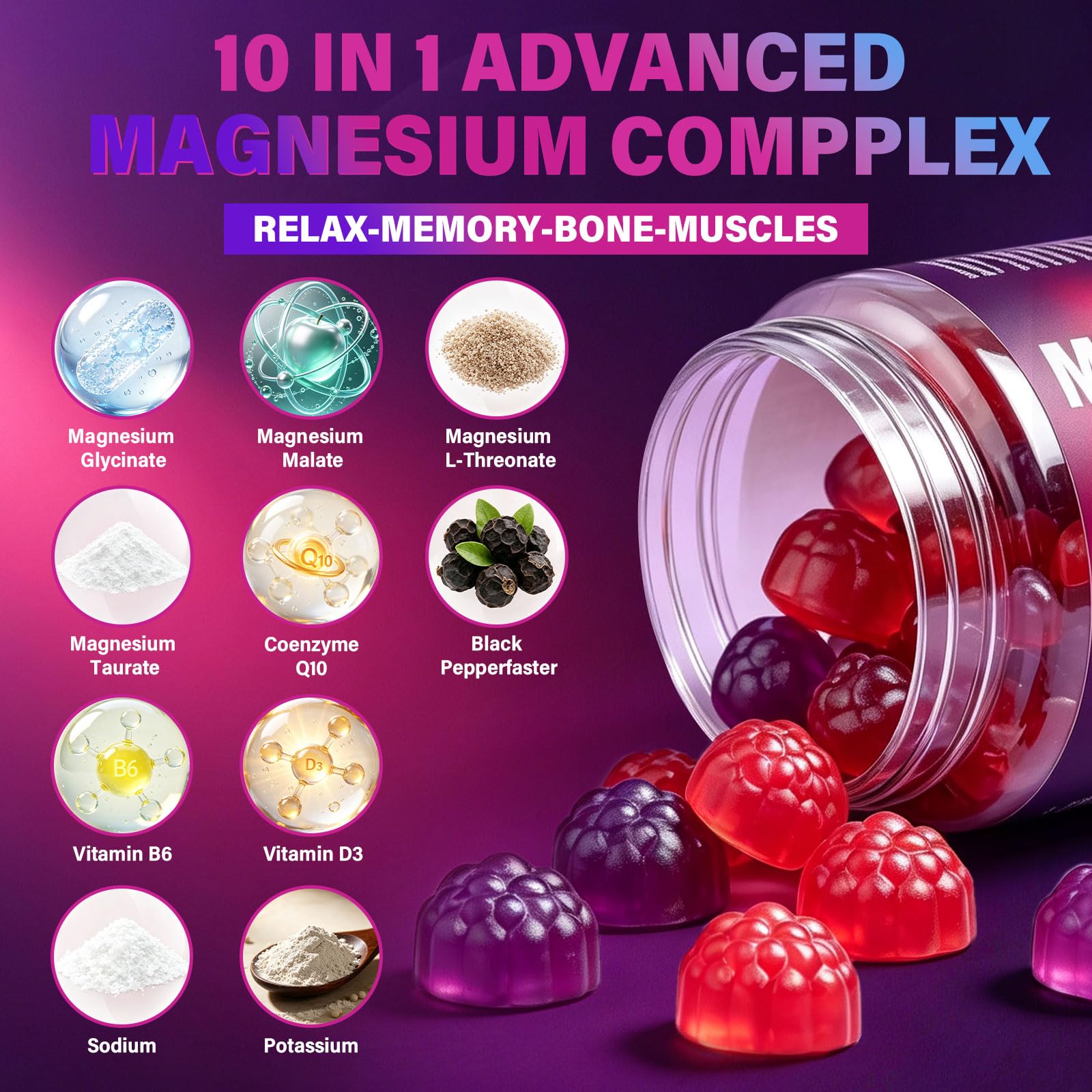 Magnesium Glycinate Gummies 1000mg, Sugar Free, Magnesium Supplements for Men & Women, with L-Theanine, Vitamin D3 B6 & CoQ10 for Sleep, Calm & Relaxation Support, 120 Gummies Mixed Berry — Amazon image 2