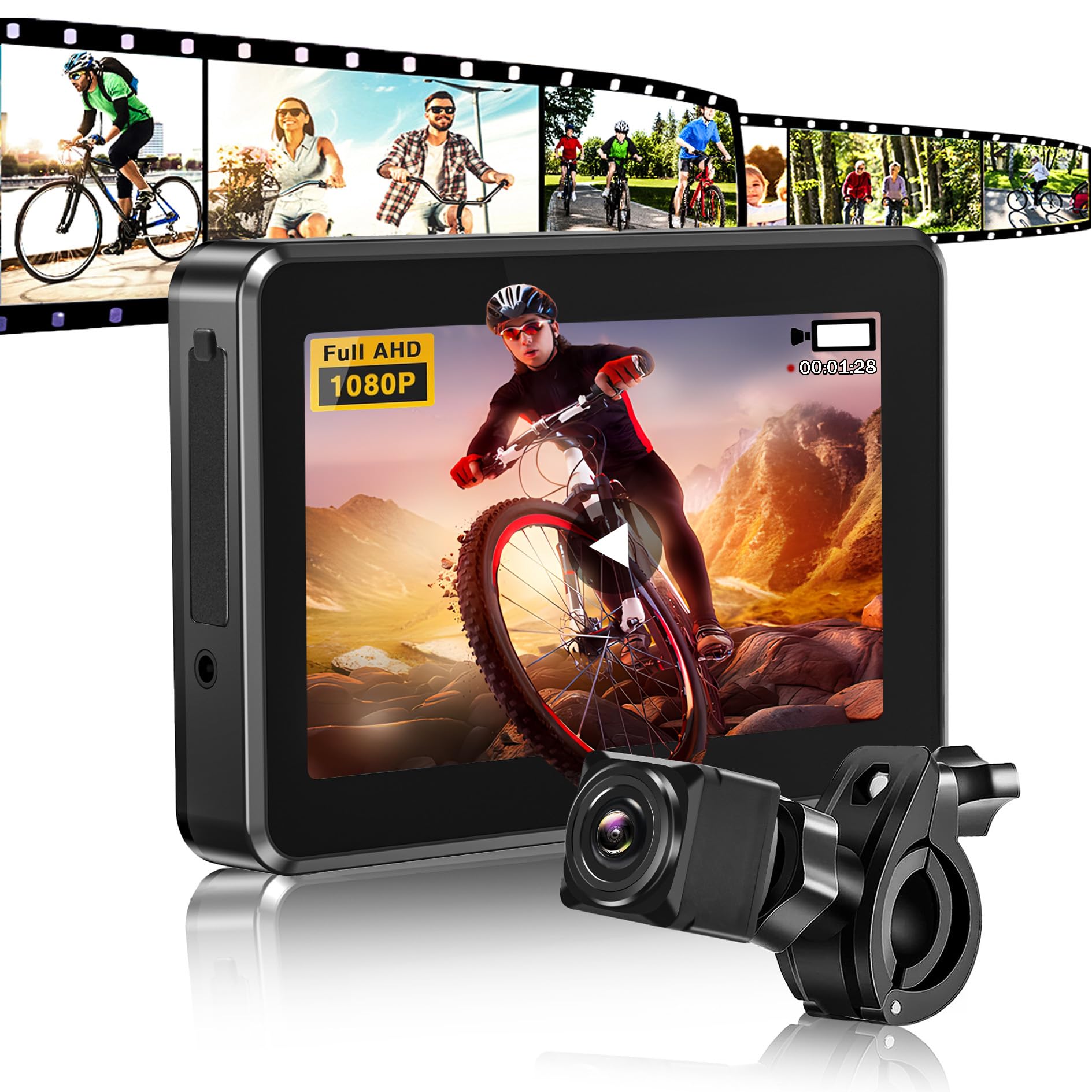 BEUDUOQI Bike Mirror 1080P AHD Bikes Rear View Camera with 4.3'' Screen Color Night Vision 110° Wide Angle Bike Camera for Mountain Road E-Bikes Bicycle Camera with Taking Photos and Videos