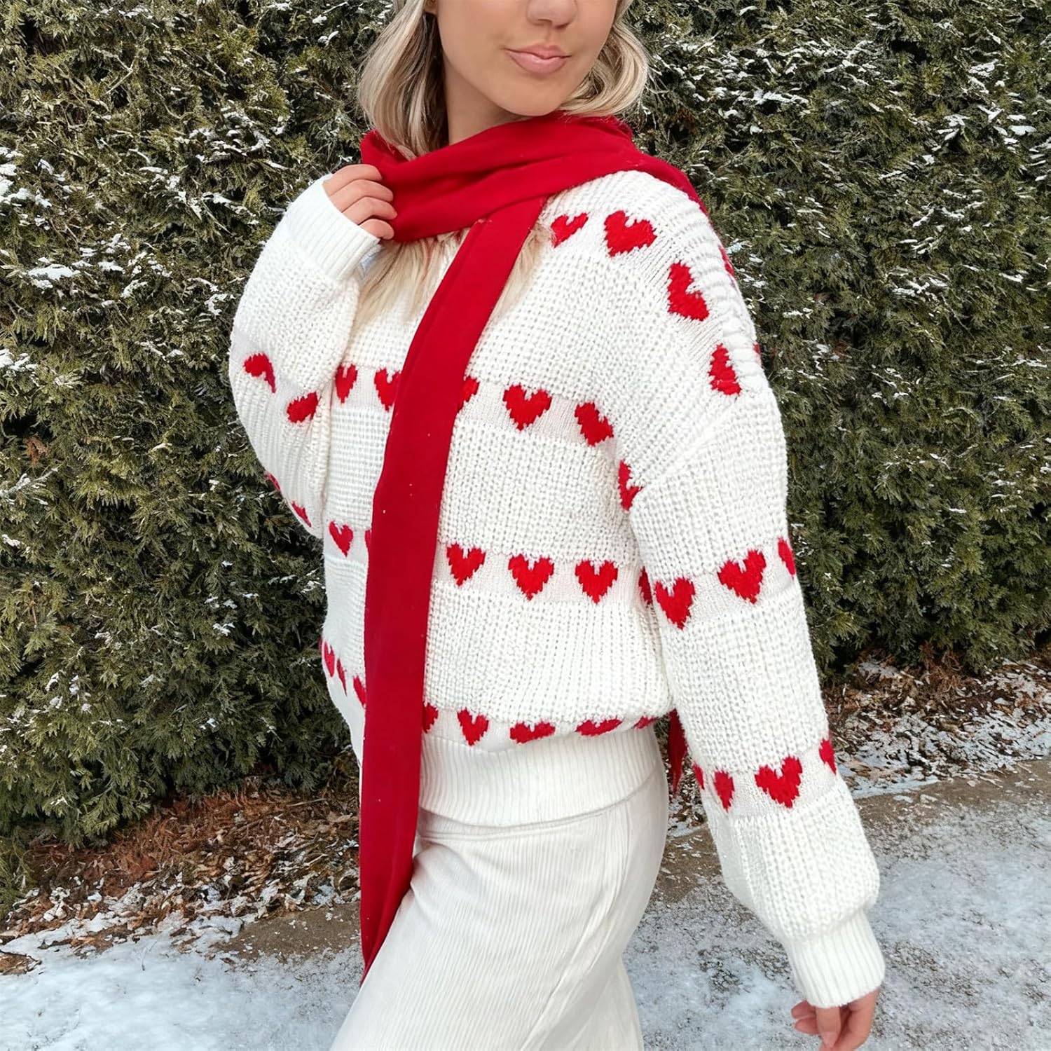 Women Heart Print Sweaters Crewneck Loose Fit Knit Pullover Casual Sweater Tops - Image 3