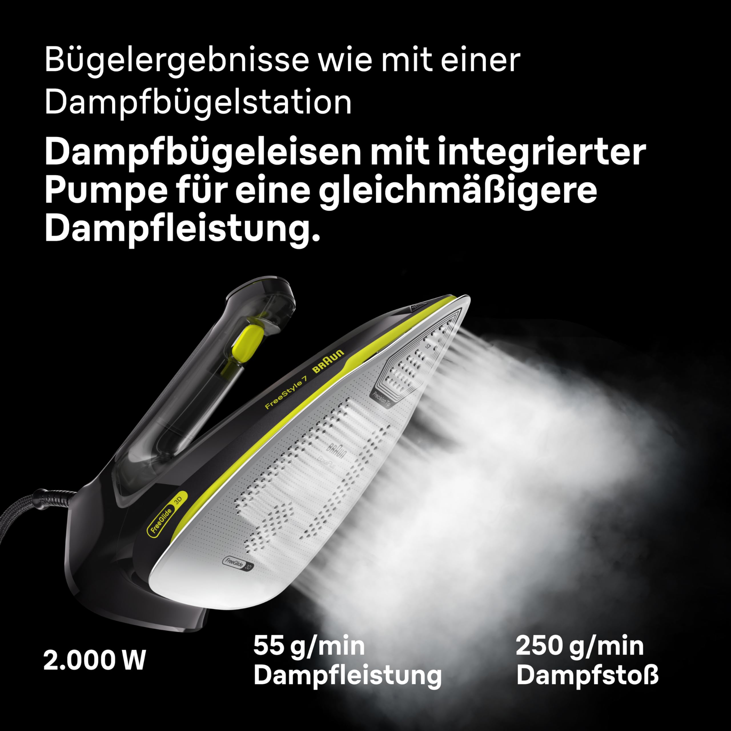 Braun FreeStyle 7 – Dampfbügeleisen mit ergonischem Griffdesign, Bügelergebnisse wie mit einer Dampfbügelstation, Schnelles und müheloses Bügeln, Schwarz/Grün (FI 7255 GR)