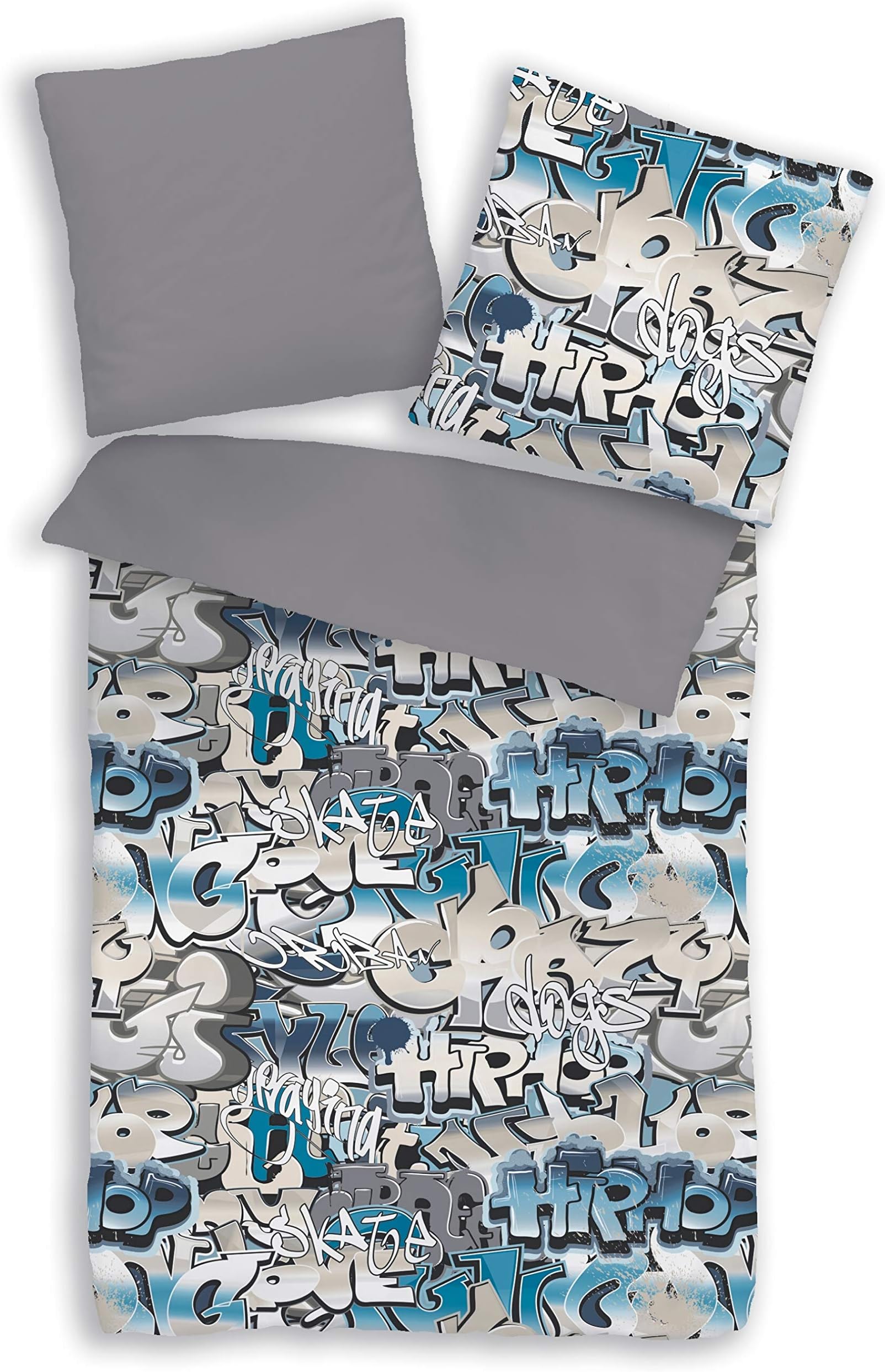 termana Graffiti Bed Linen Set 155 x 220 cm + 80 x 80 cm, 100% Cotton, Zip, Blue, Grey, 3D Teenager's Bed Linen, Boys Bedding (80 x 80 + 155 x 220 cm)