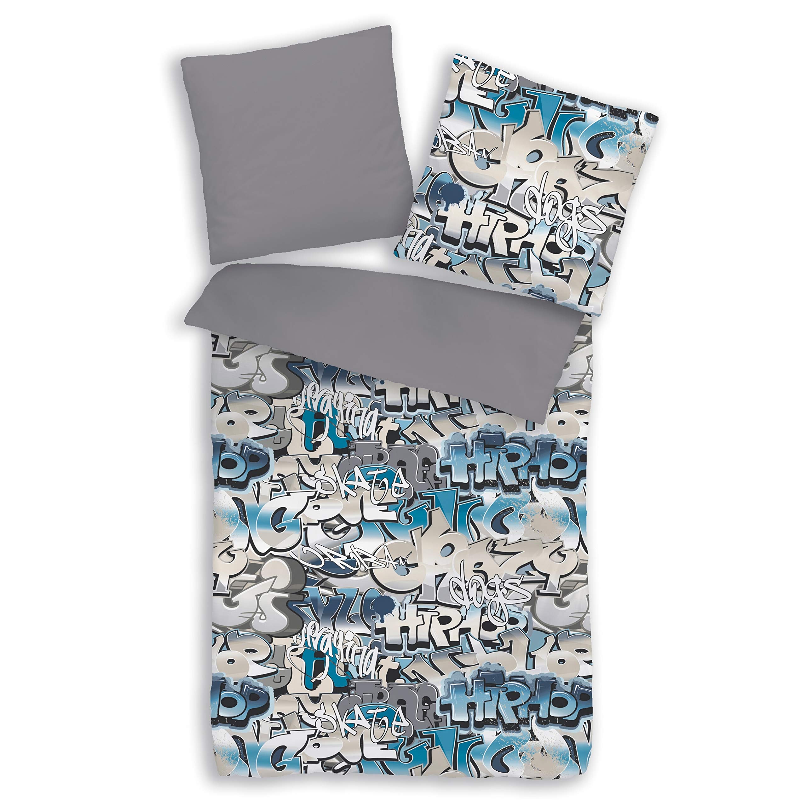 termana Graffiti Bed Linen Set 155 x 220 cm + 80 x 80 cm, 100% Cotton, Zip, Blue, Grey, 3D Teenager's Bed Linen, Boys Bedding (80 x 80 + 155 x 220 cm)