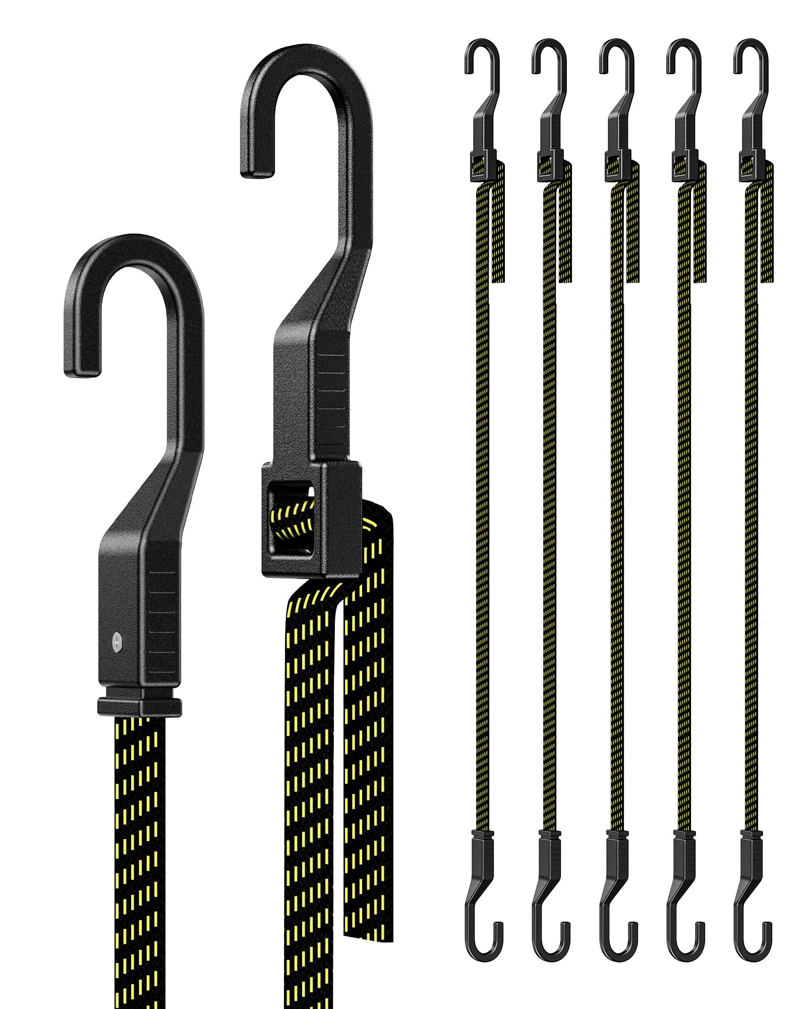 12" Flat Adjustable Bungee Cords with Hooks, 3X Faster to Adjust the Length