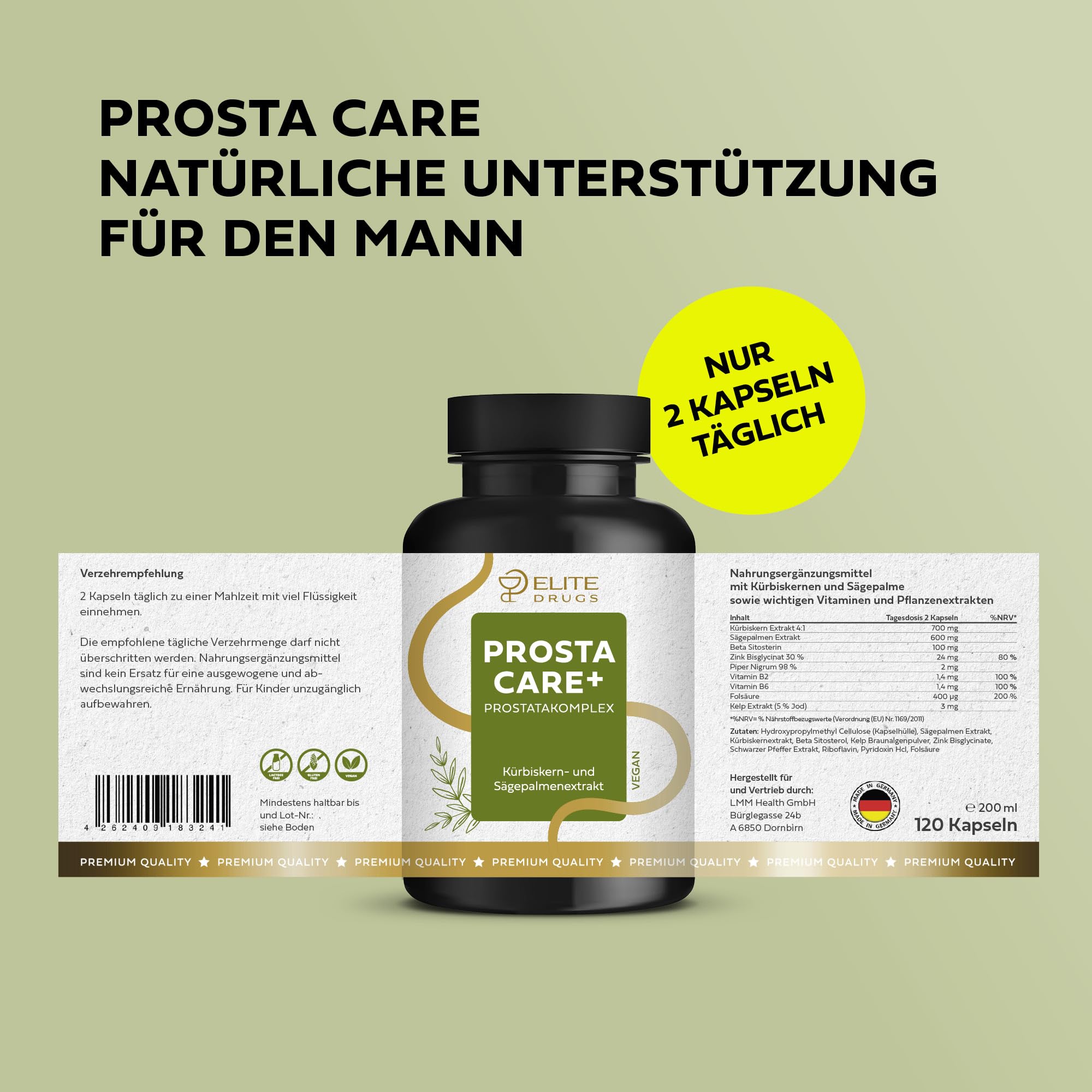 Prosta Care Plus - Prostata Komplex Kapseln 120 Vegan Hochdosiert - Sägepalmenextrakt, Kürbiskern, Beta-Sitosterol mit Zink, Vitamin B & Folsäure - Männer ab 40 - Laborgeprüft - 2 Monatsvorrat