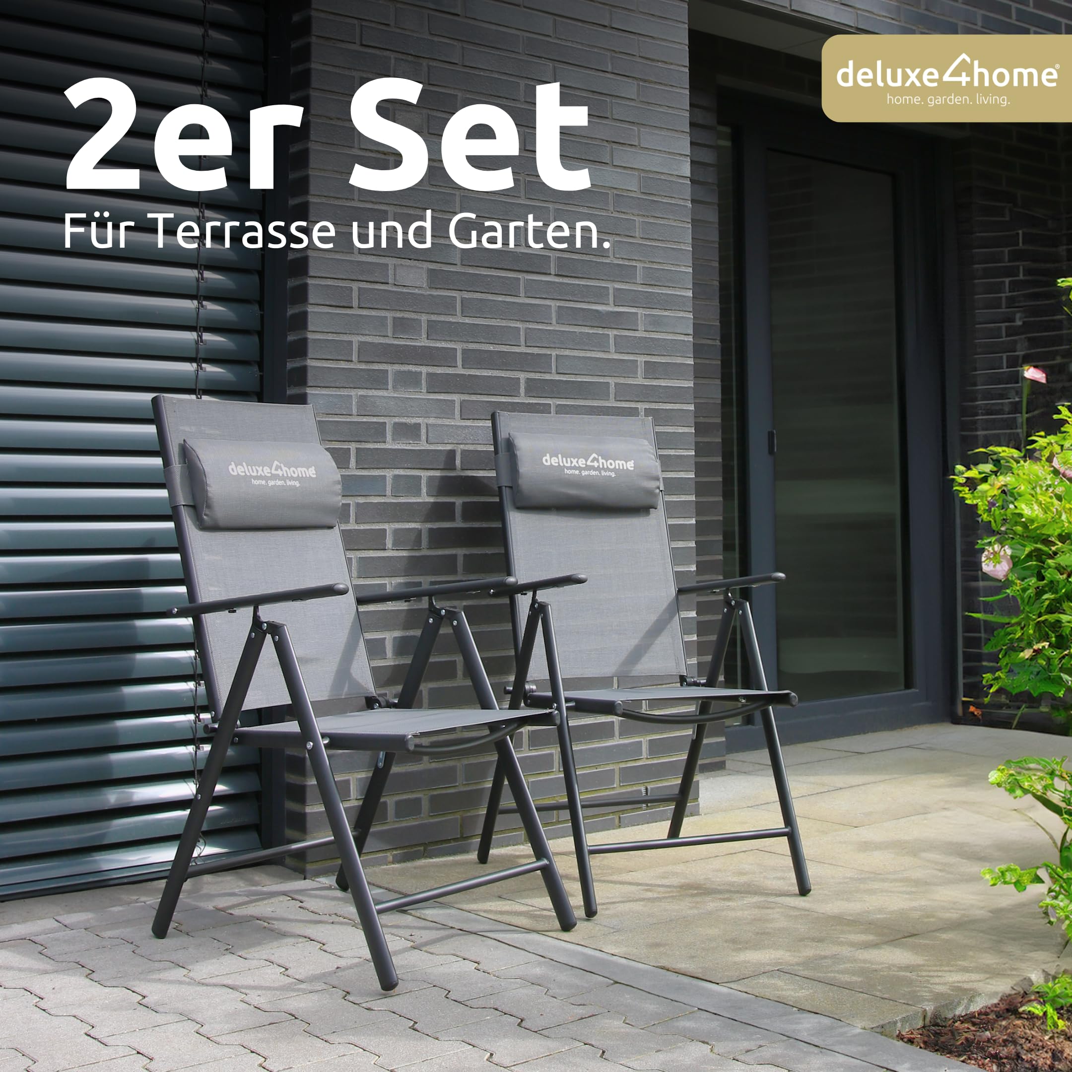 2er Set Gartenstuhl Klappbar 7-stufig verstellbar I Terrassenstuhl aus Metall Anthrazit I Hochlehner Klappstuhl mit Armlehnen Balkonstuhl inkl. Kopfpolster Campingstuhl