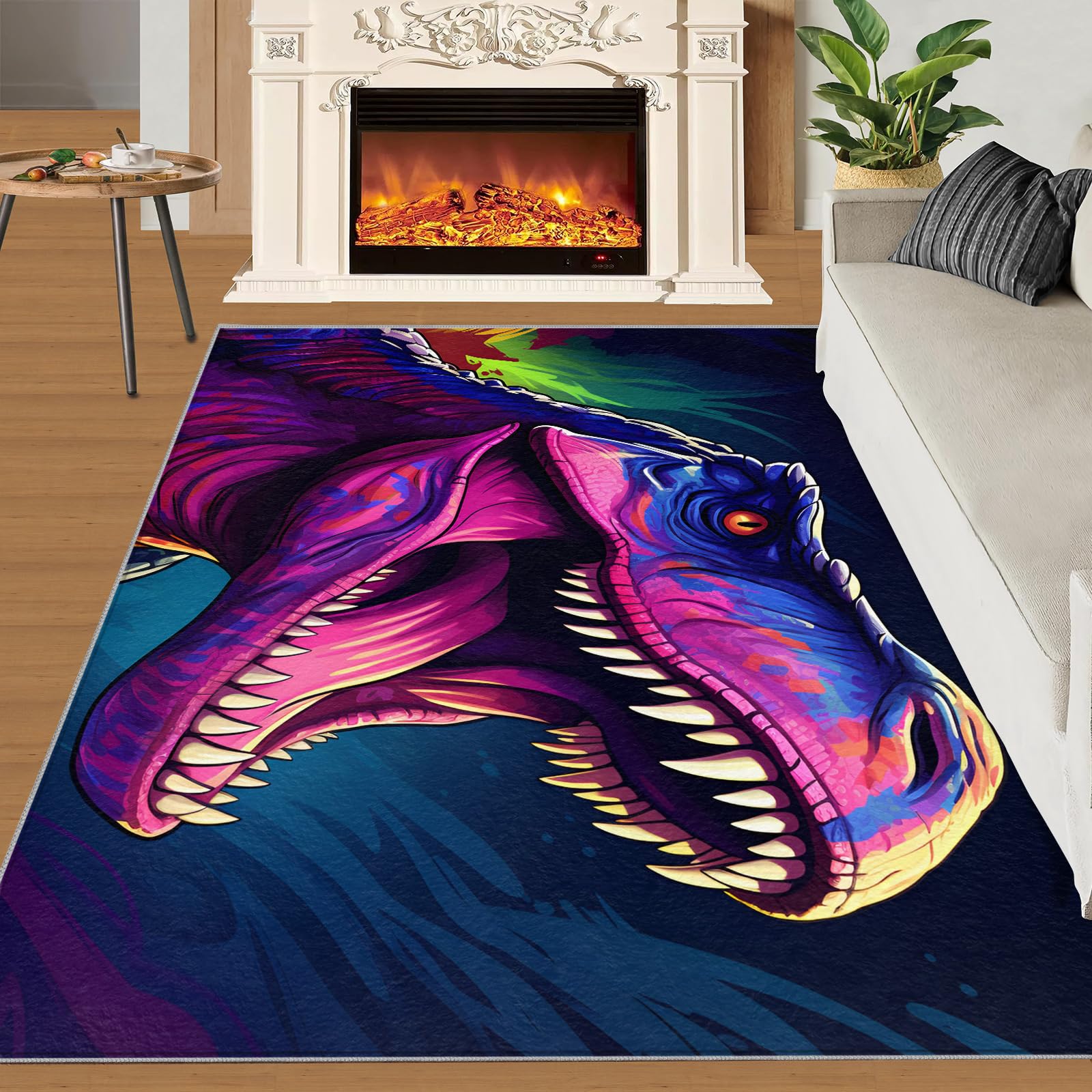 SANSJI Watercolor Dinosaur Rugs living Room - 180 x 200, Cartoon Dino Area Rug, Stain Resistant Washable Non Slip, Jungle Animal Theme, Wild Wildlife Design, Soft Low Pile Rectangle Carpet