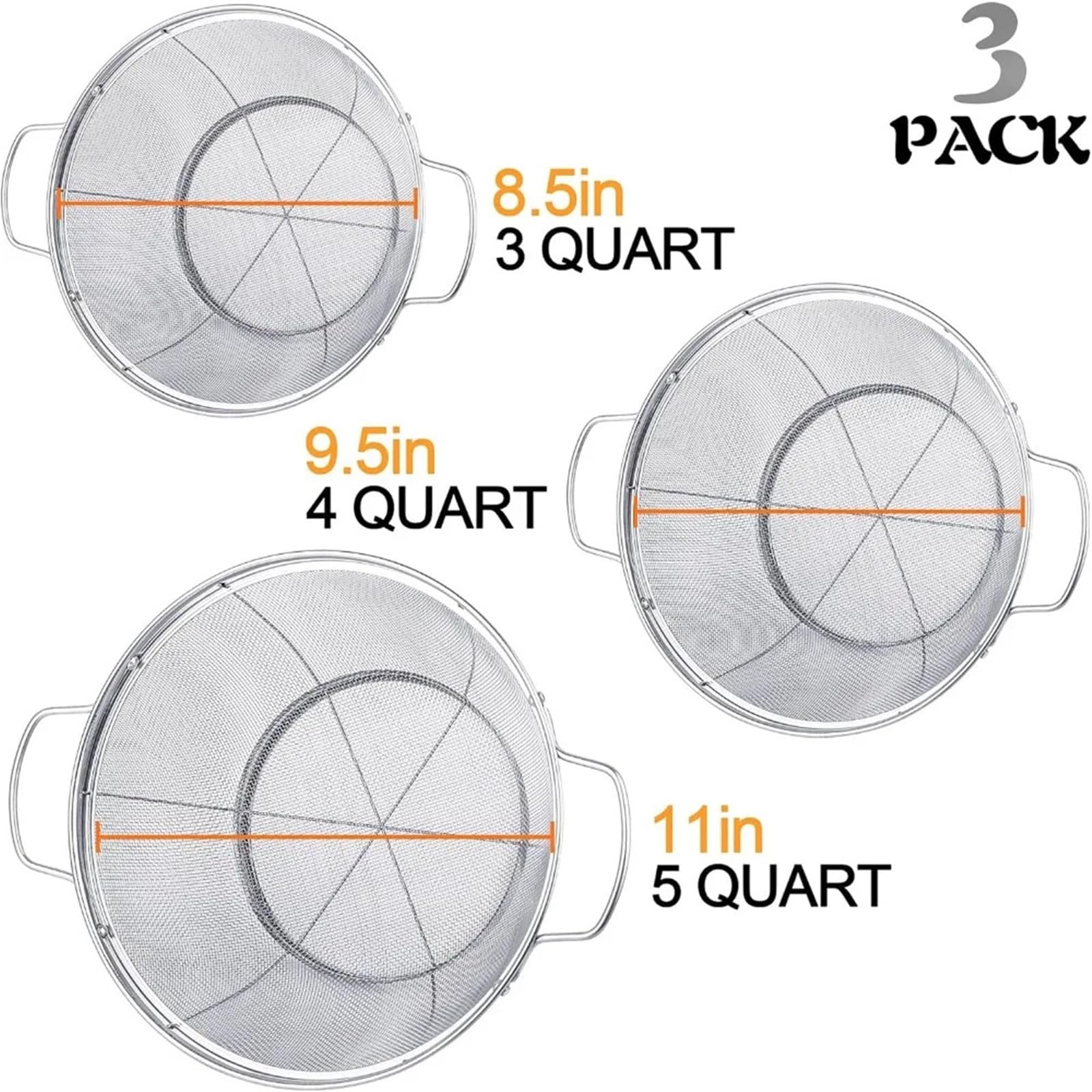 Paquete de 3 coladores acero inoxidable 18/8 (5 cuartos, 4 y cuartos), cestas malla con asas base apoyo for colar, escurrir, enjuagar o vaporizar para Pasta Verduras y Frutas