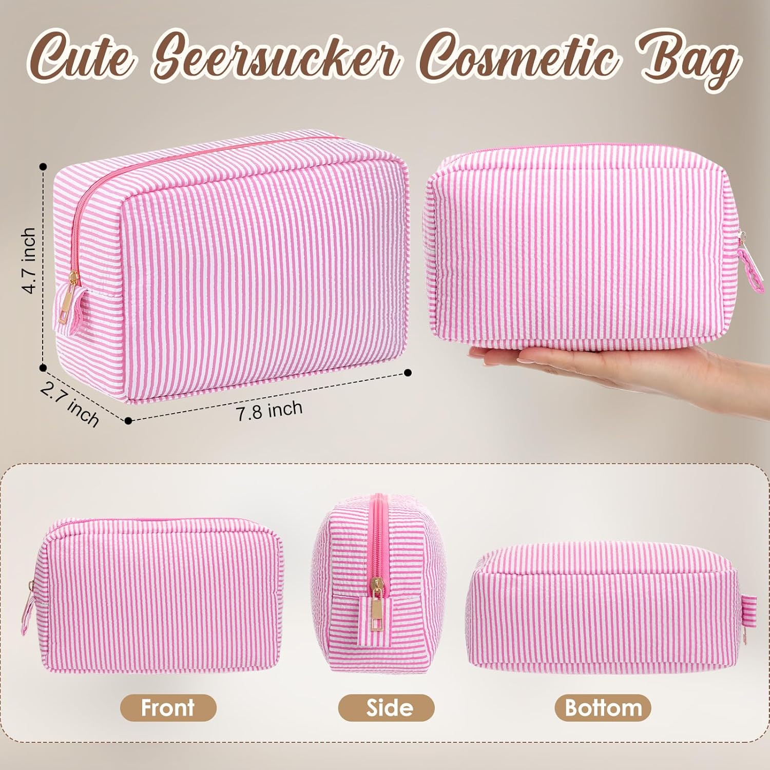 Sanwuta 10 Pcs Seersucker Cosmetic Bag Seersucker Makeup Bag Women Stripe Large Travel Toiletry Organizer Preppy Storage Pouch for Embroidery Wedding Bridesmaid Bride Mom(Pink)