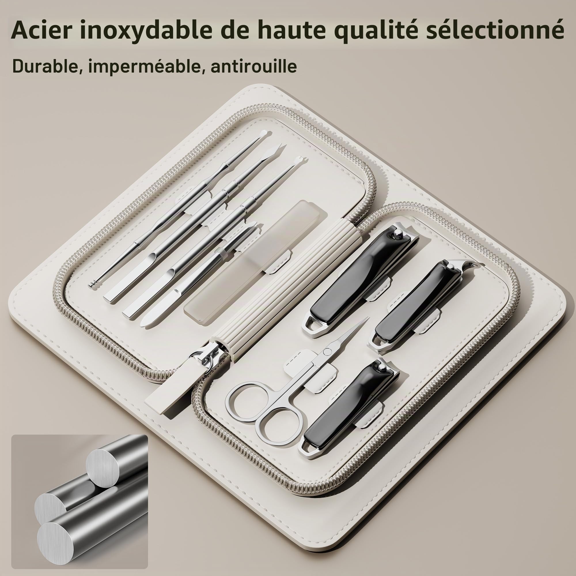 Ensemble coupe-ongles Pince à épiler Ciseaux Manucure Kit de toilettage 9 en 1 avec étui en cuir à fermeture éclair