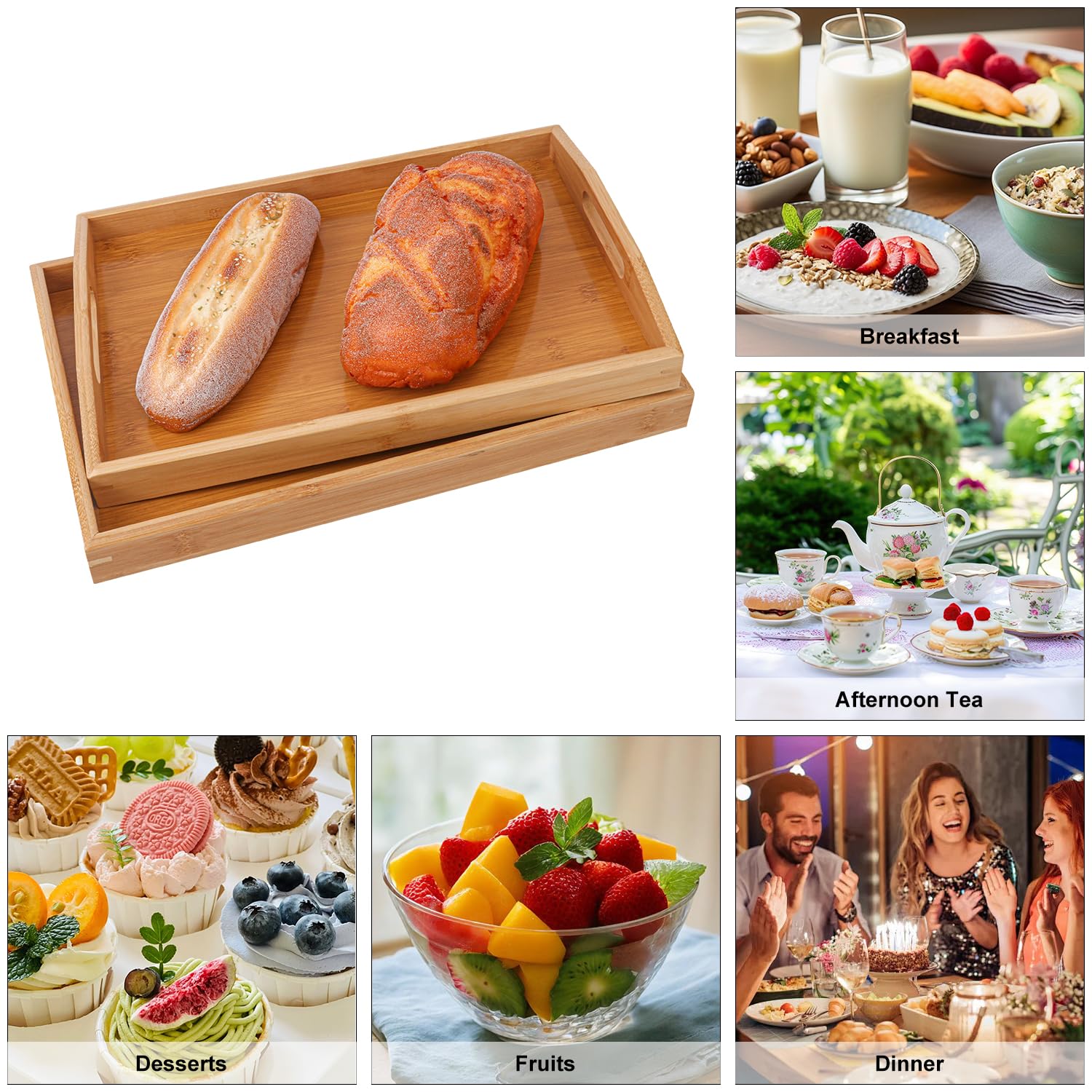 3 bandejas de bambú para servir, bandeja de cama de desayuno con asa, bandeja de madera de 15 x 10 x 2 pulgadas para servir, bandejas de cama de desayuno para comer, decorar, mostrar pasteles