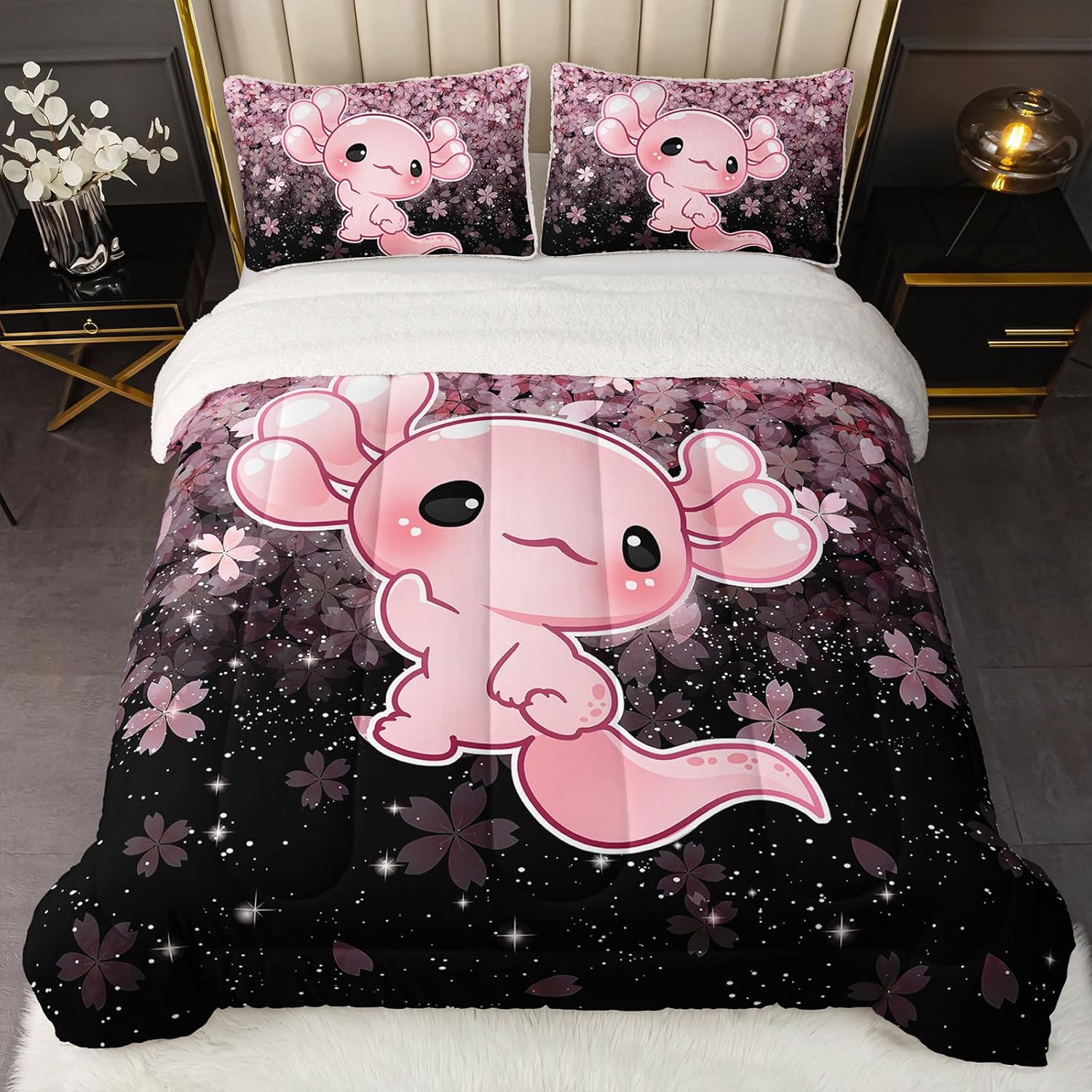 QOOMO Cartoon Axolotl Sherpa Fleece Comforter Set Girls Kawaii Bedding Set Full/Queen Size for Kids Teens Cute Cherry Blossoms Bedding Design 3 Piece with 1 Comforter 2 Pillowcases - Image 6