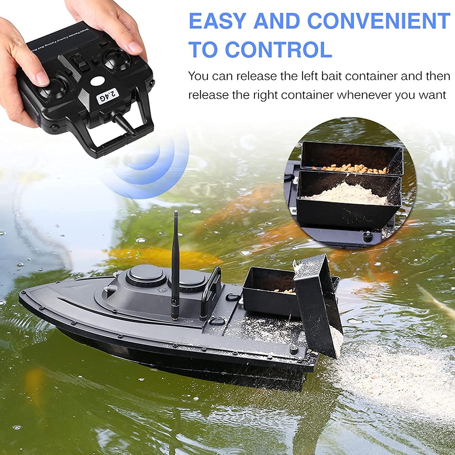 Barco de Cebo para Pesca, Barco RC Inteligente, buscador de Peces, Carga de 1,5 kg, 500 m, Control Remoto inalámbrico, 2 Motores, 2 contenedores de Cebo, batería Recargable