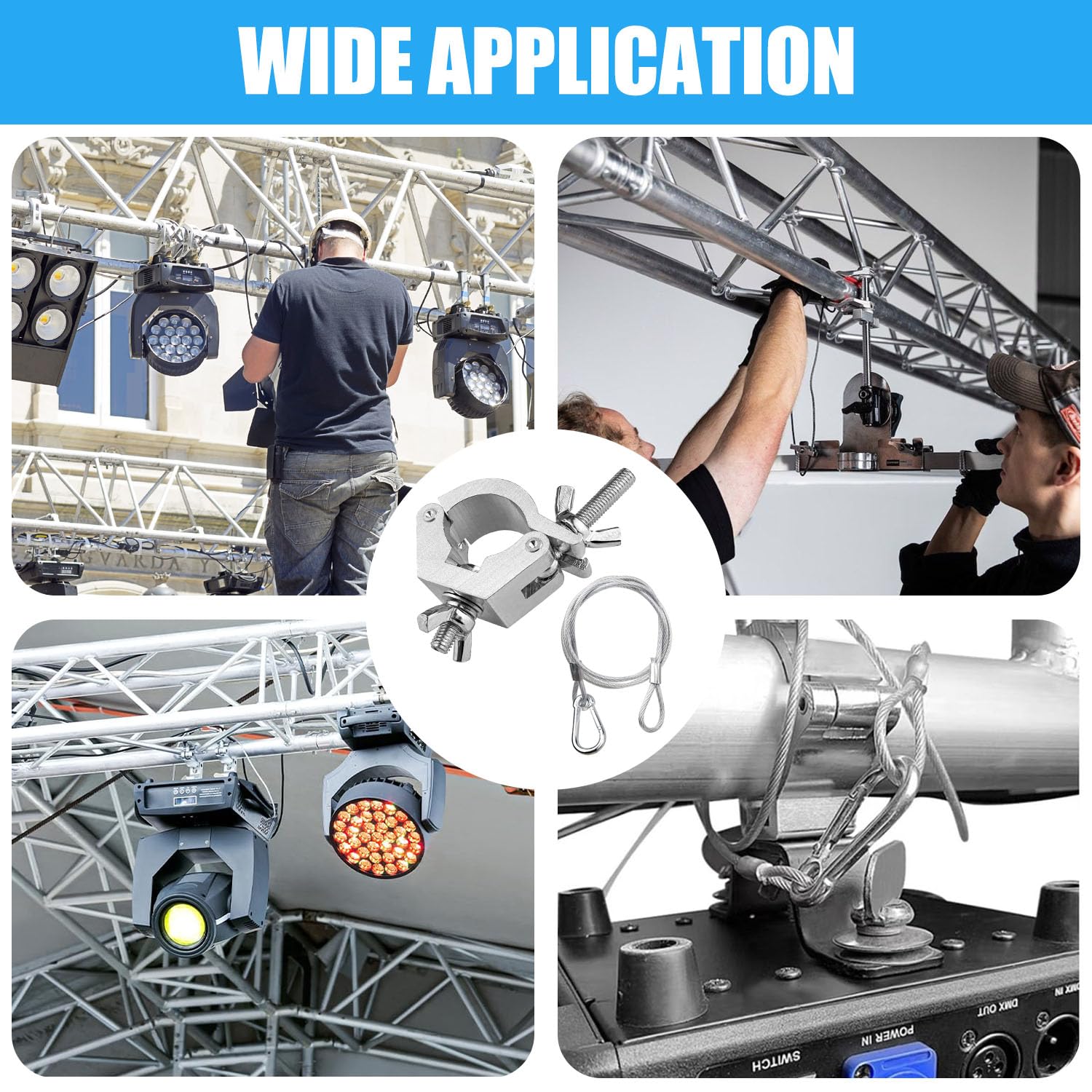 Traversen Klemme 30-35mm O Clamp mit 2 Edelstahl Fangseil 6PCS | Bühnenlichthaken, Beweglicher Kopf, für Leuchten, Bühnenbeleuchtungsausrüstung und Zubehör, 80KG Ladekapazität Truss O Clamp