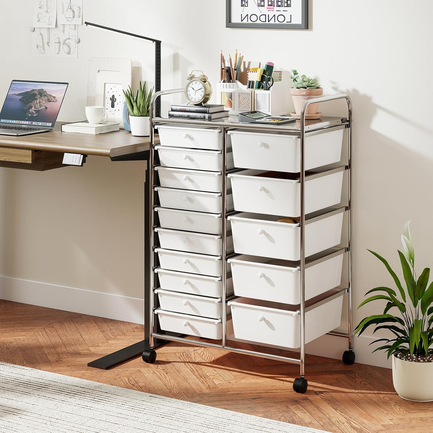 GOFLAME 15-Drawer Rolling Storage Cart, Multifunctional Art Craft Organizer Cart with Removable Drawers, Lockable Wheels and Metal Frame, Classroom Storage Cart for Home Office School, White