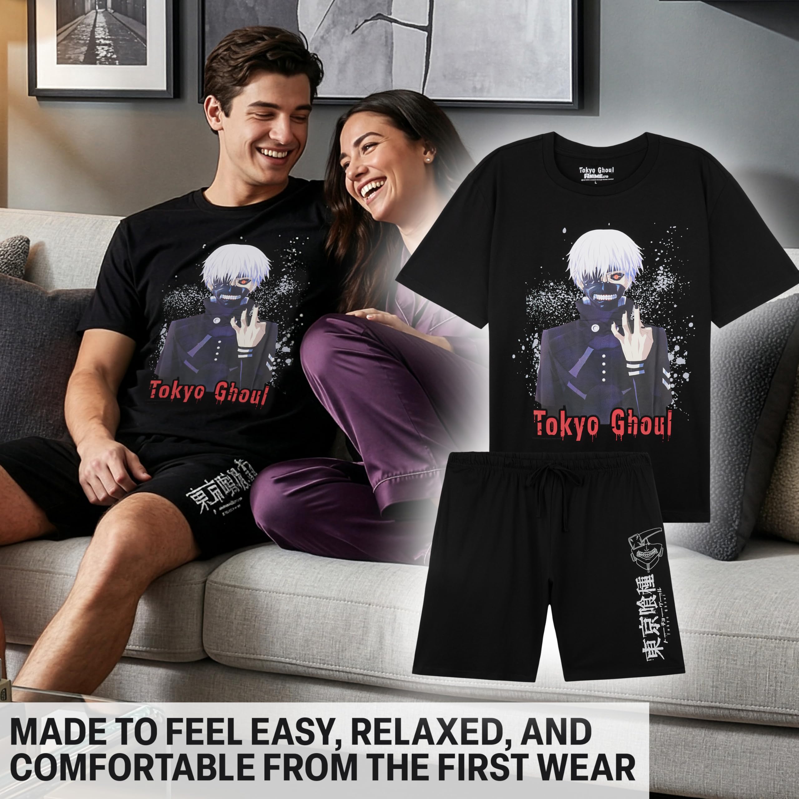Get Trend Death Note | Attack on Titan | Tokyo Ghoul Pijama Hombre Verano Algodon, XS-XL, Camiseta Manga Cortas & Pantalones Cortos, Ropa de Dormir Cómodo