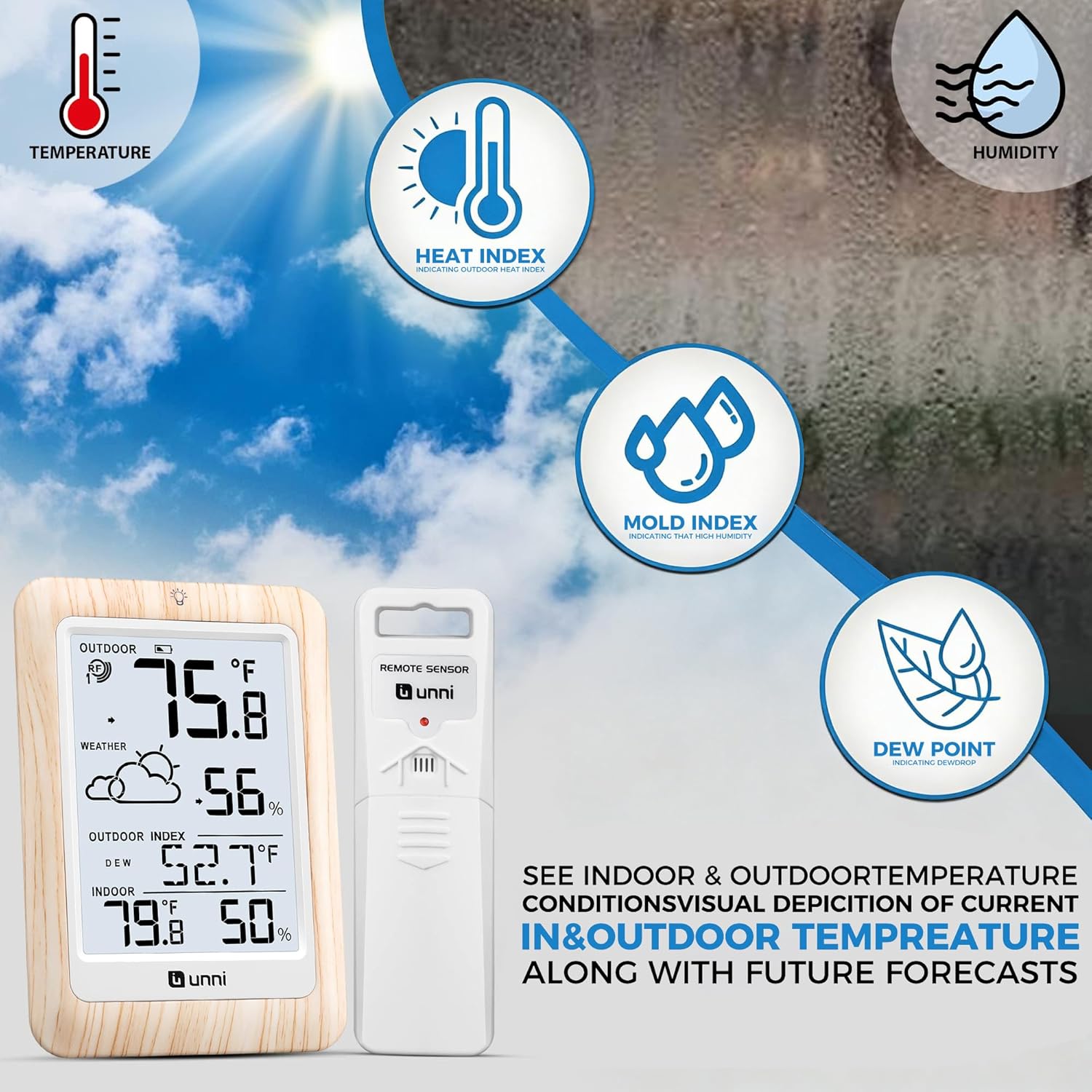 Indoor Outdoor Thermometer Wireless Weather Station, Temperature Humidity Monitor Battery Powered Inside Outside Thermometers with 330ft Range Remote Sensor and Backlight Display（Wood）