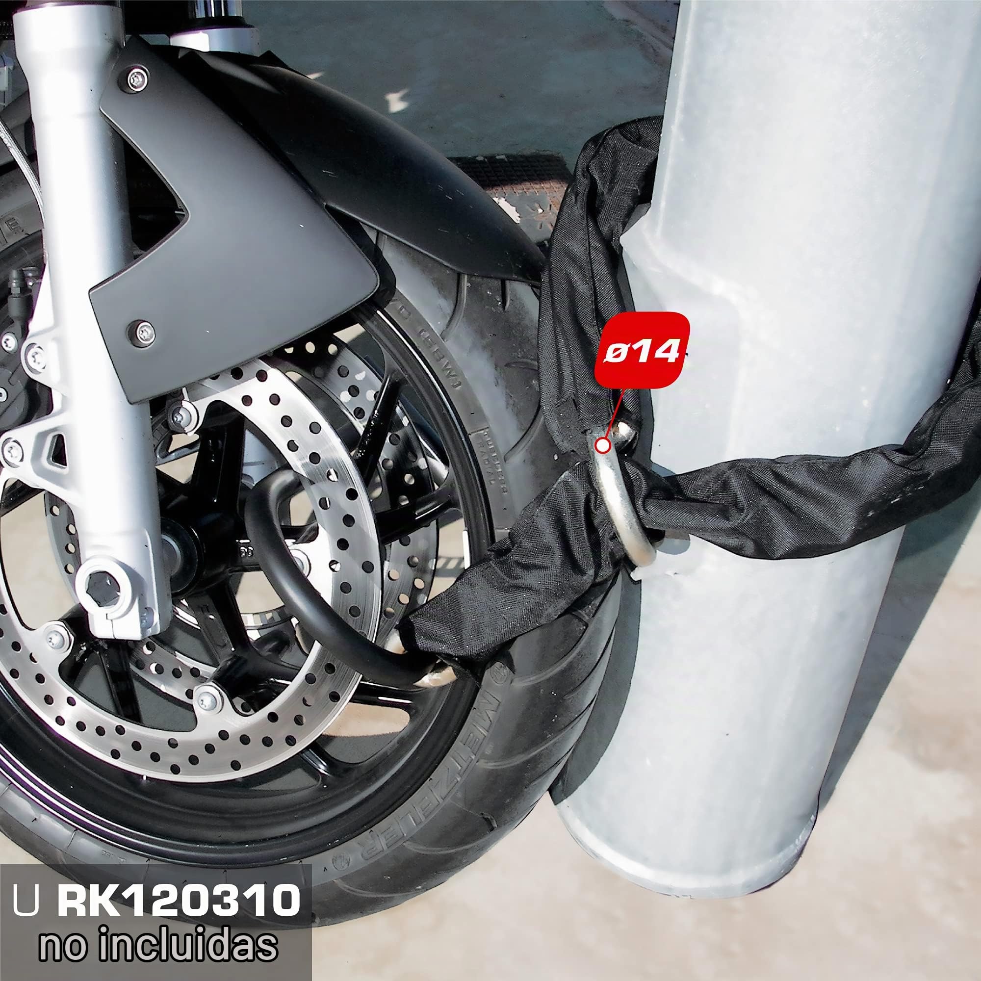 RADIKAL RK14120L Cadena Antirrobo Moto Alta Seguridad, Eslabones Acero Cementado ø14mm, 120cm Anilla Lazo, Funda Textil, Candado Cadena Anclaje Garaje, Contenedores, Portones, Scooter, Bici Eléctrica