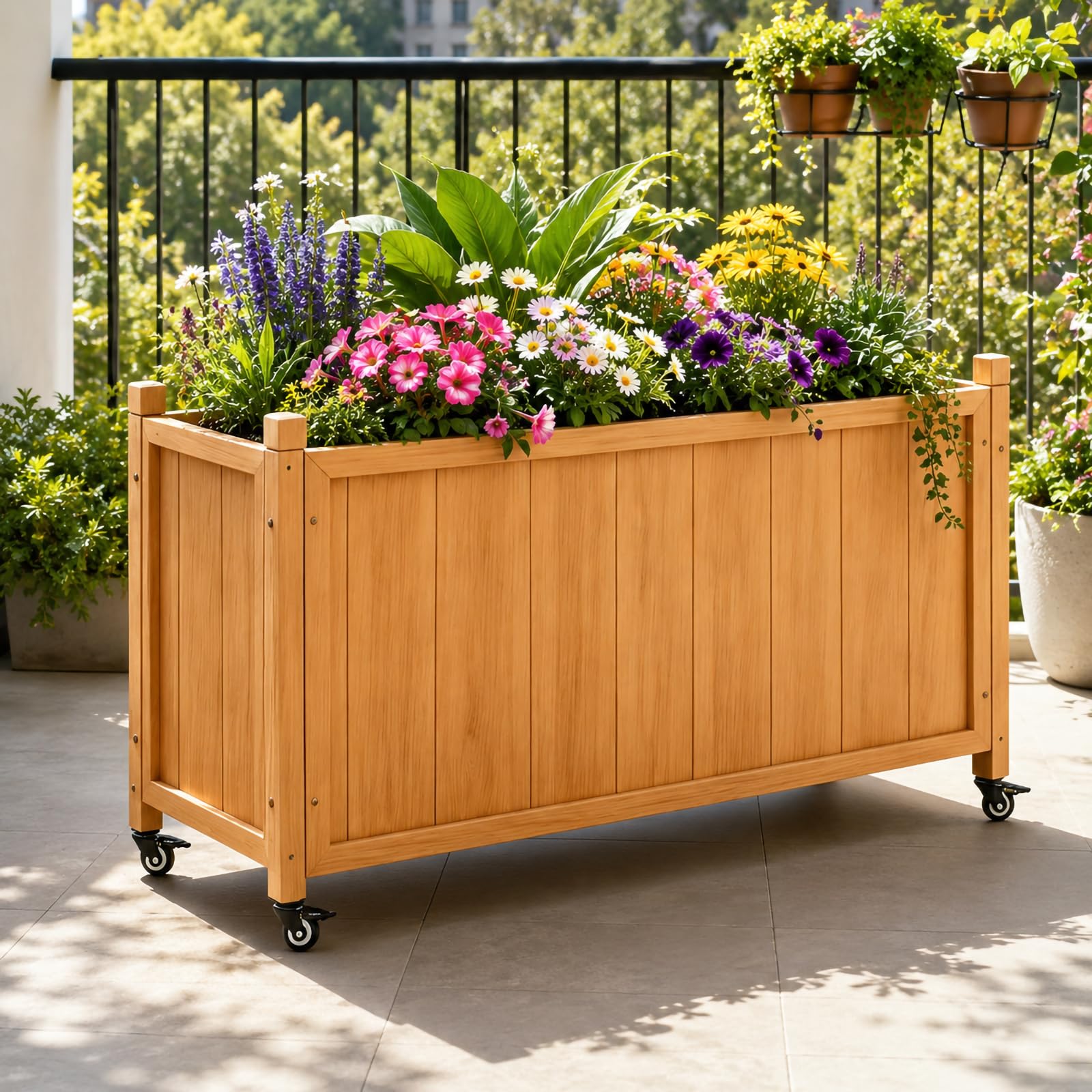 Hochbeet Mit Rollen Aus Dicken Holzpaneelen, Pflanzkasten Für Terrasse Und Balkon, Kräuterbeet Nahe Der Küche Für Kräuter, Blattgrün Und Blumen Im Außenbereich,150*40*40cm/59*15*15in