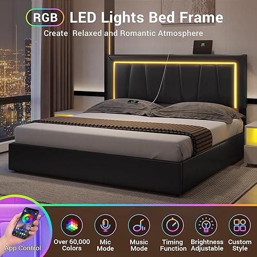 Miniatura 39 de DICTAC Base de cama de tamaño matrimonial con cabecera y 4 cajones de almacenamiento, moderna plataforma tapizada de piel sintética, marco de cama