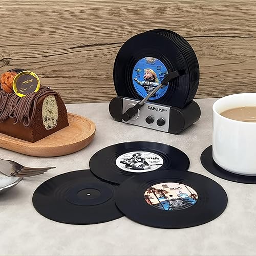 Miniatura 6 de Divertidos posavasos retro con reproductor de vinilo, juego de 6 posavasos con texto musical, bares, fiesta, cumpleaños, anfitriona de inauguración