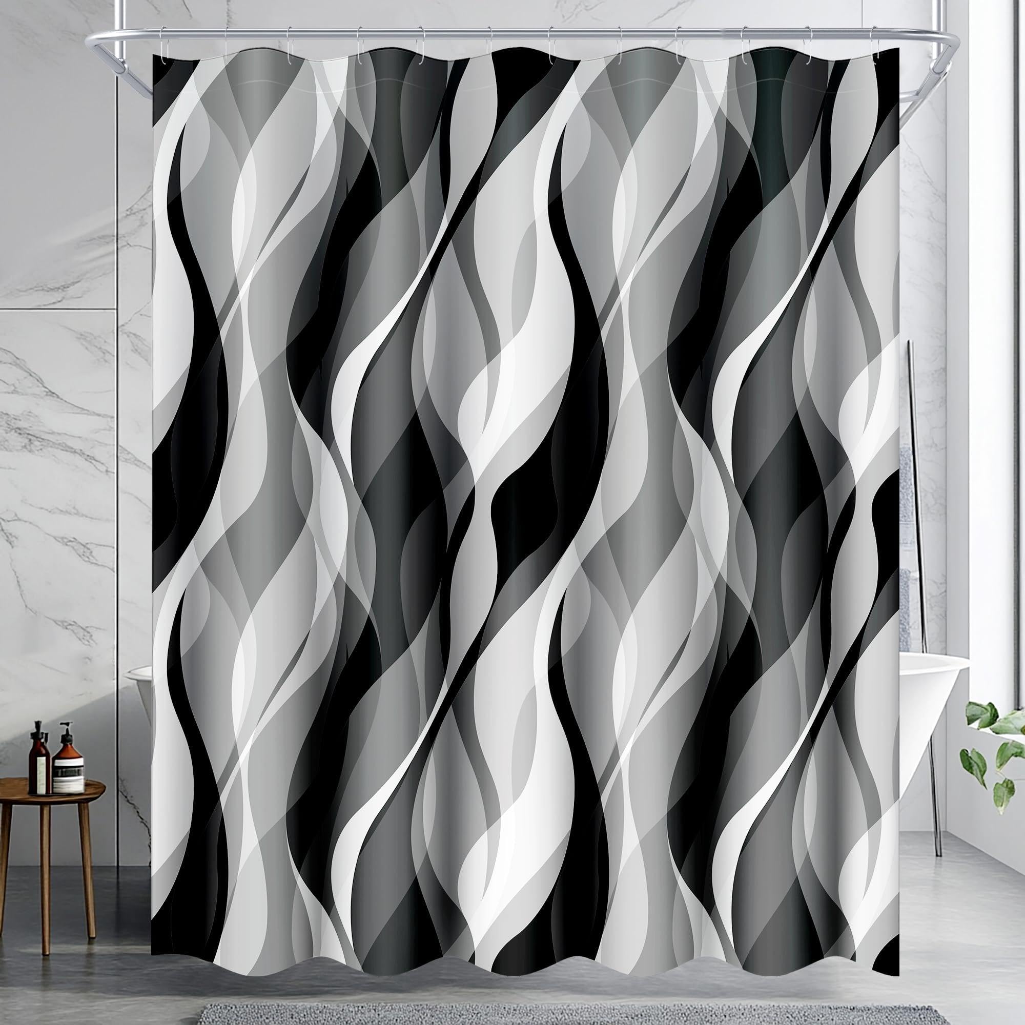 UIYIUI Modern Black White Grey Striped Bathroom Shower Curtains 71x83in/180x210cm Abstract Wavy Line Minimalist Geometric Bath Curtains, Waterproof Polyester Fabric for Shower Stall Bathtubs Hotel