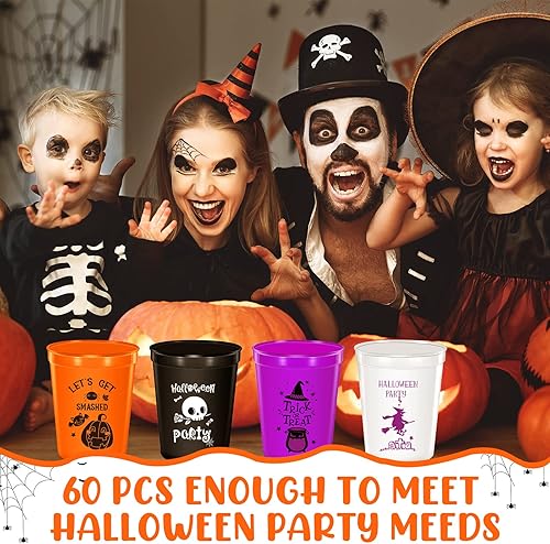 Miniatura 6 de Meanplan 60 vasos de plástico para fiesta de Halloween, de 12 onzas, tazas de fiesta de truco o trato, reutilizables, calabaza, calavera, bruja,