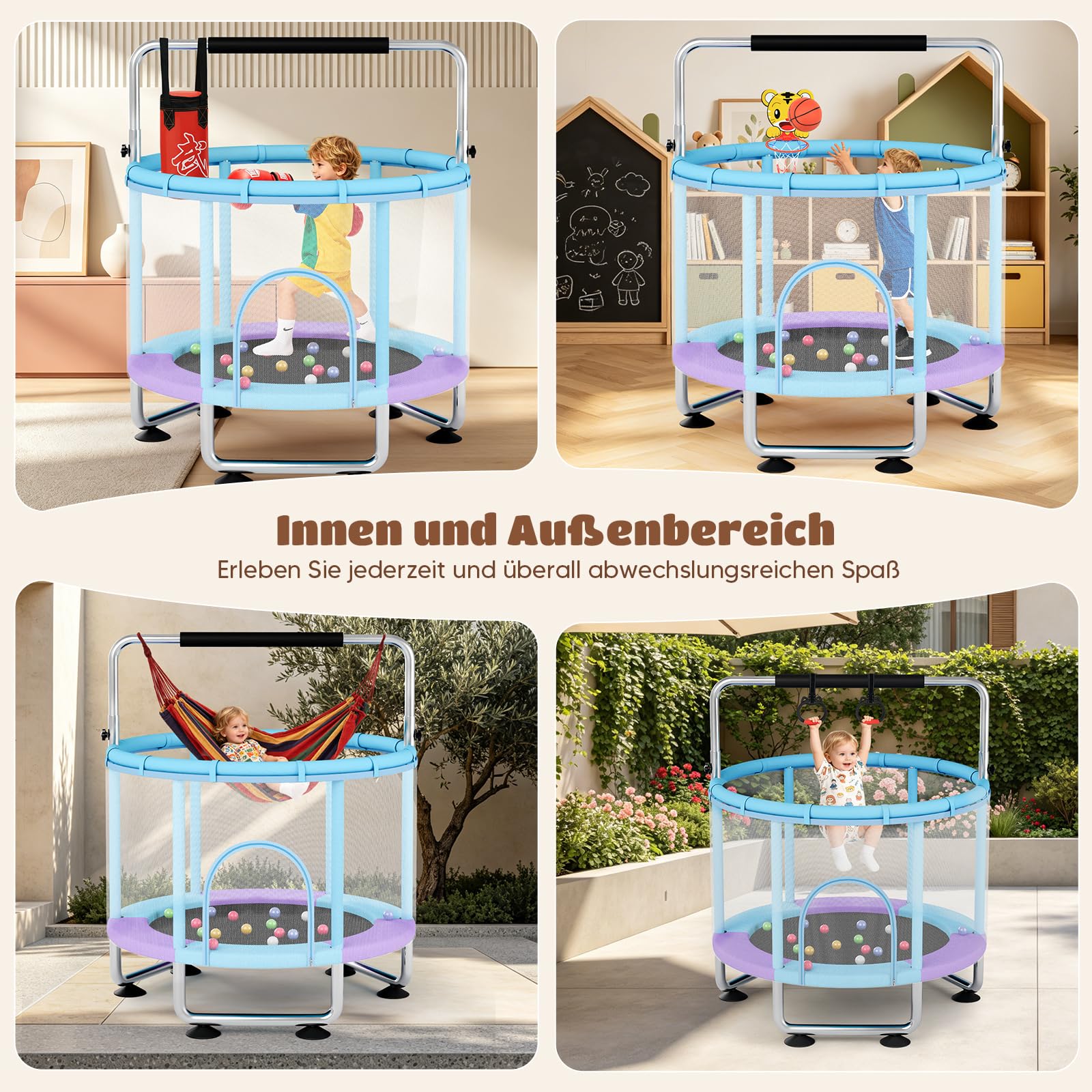 Kindertrampolin 150cm mit Sicherheitsnetz 250KG Belastbar, Trampolin Kinder Indoor Outdoor mit Verstellbares Turnstange, Haltestange, Basketballkorb, Schaukel, Boxsack und Bällen