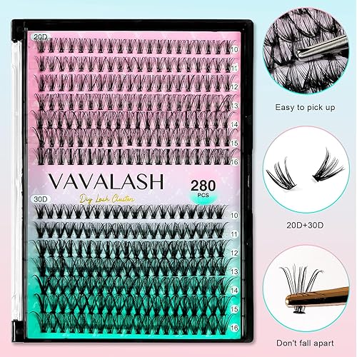 Miniatura 2 de VAVALASH Extensiones de pestañas individuales en racimo, 280 unidades, extensiones de racimos de pestañas suaves y ligeras, de visón sintético,