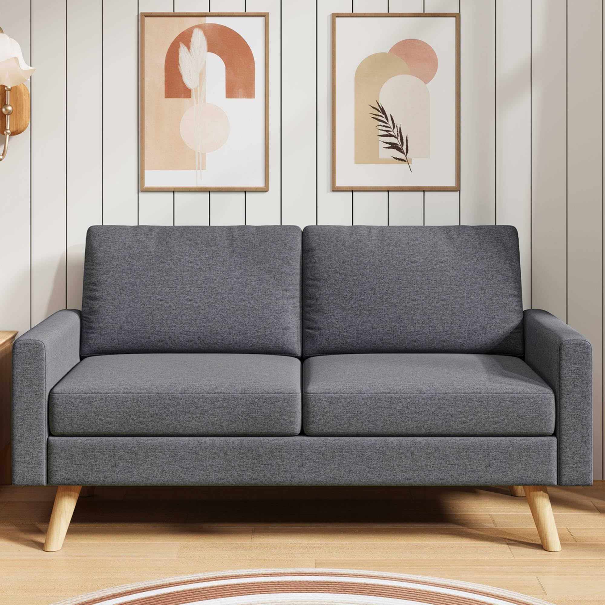 Sofá de 2 Plazas Tapizado, Sofá Compacto Moderno, Patas Madera,Gris oscuro | Cojines Gruesos y Brazos Ergonómicos, patas Madera Antideslizantes, Tela Resistente; para Salón, Apartamento y Dormitorio