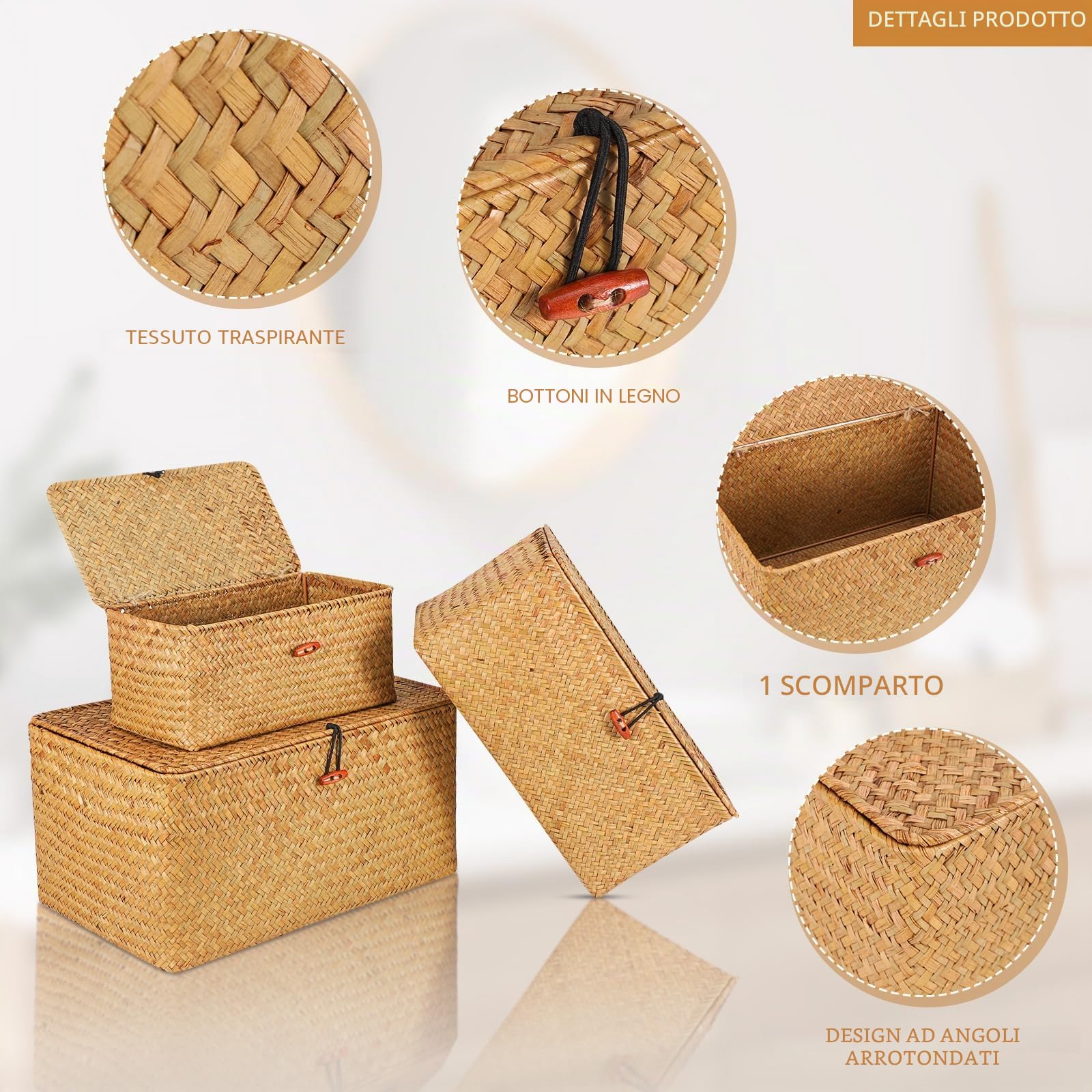 FEILANDUO Set di 3 Cestini con Coperchio Intrecciati a Mano in Marina, Organizer per Trucchi Multiuso Cestini Portaoggetti Cesta Vimini con Coperchio Cestino Naturale Intrecciato con Alghe (Grande)