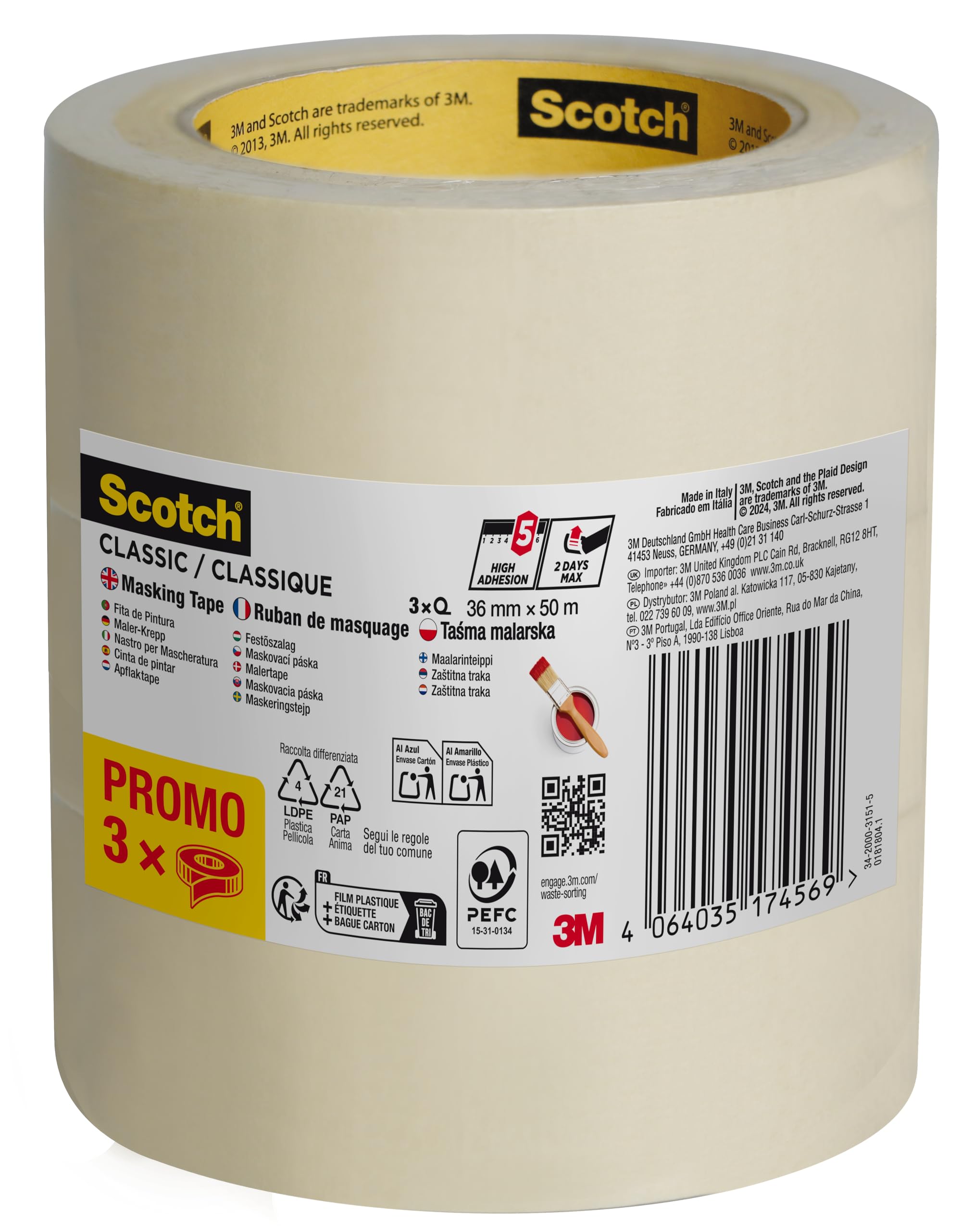 Scotch taśma krepowa Classic, opakowanie promocyjne, 3 rolki, 36 mm x 50 m – wysokiej jakości taśma klejąca do wszechstronnego zastosowania, taśma malarska premium do prac malarskich i dekoracji, 70%