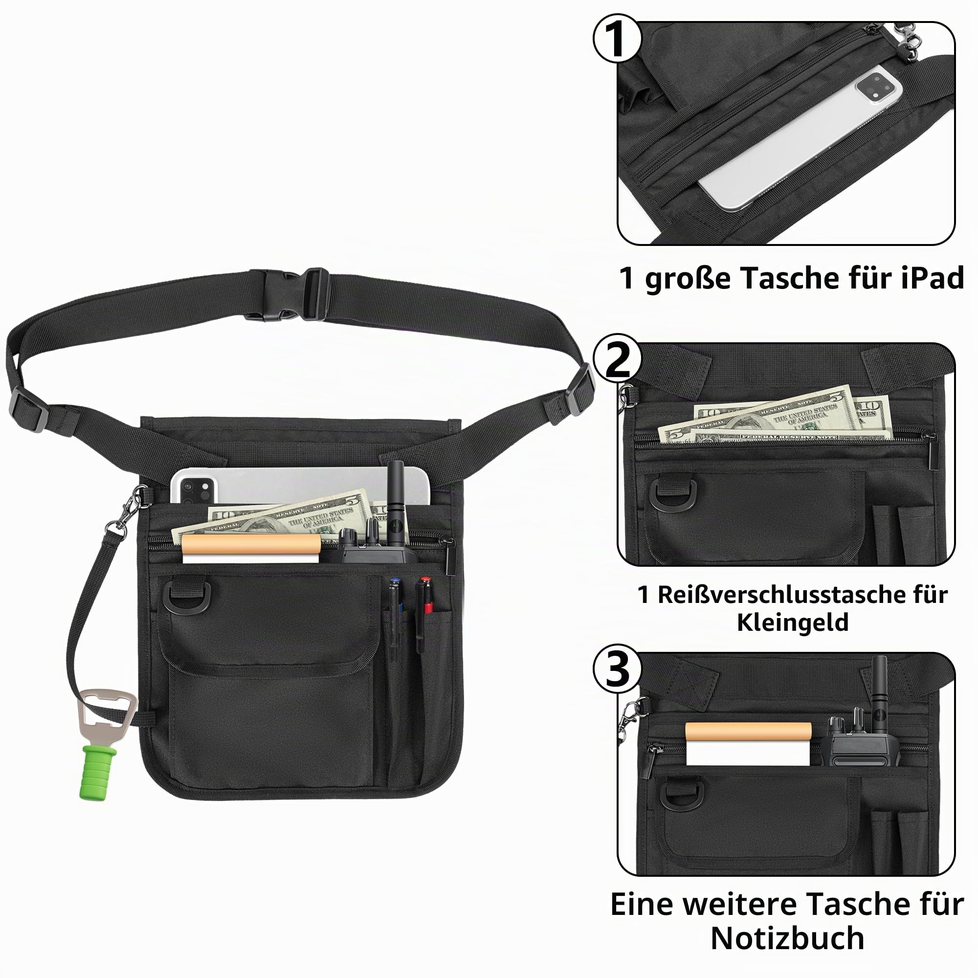 Rexmica Kellnerschürze mit Mehreren Taschen, Kellner Küchenschürze mit Verstellbarem Gürtel, Hüfttasche für Kellner, Kochschürze, Schürze für Männer und Frauen, Geeignet für Restaurant, Bistro, Café