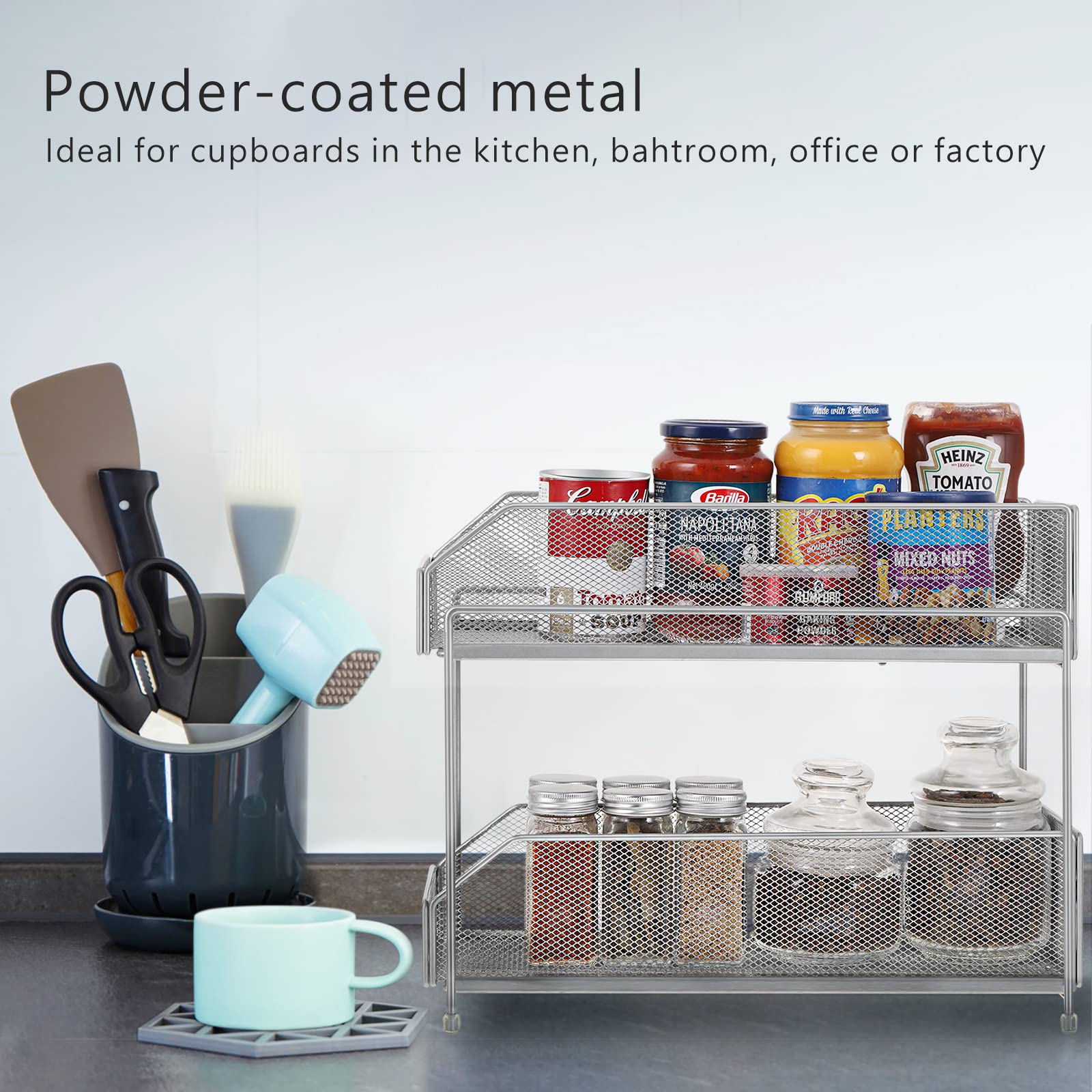 LIANTRAL Kitchen Cupboard Organiser, Sliding Storage Baskets, 2 Tier