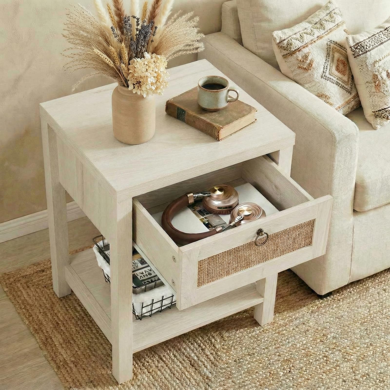VOWNER Rattan Nachttisch Set 2er, Landhausstil Beistelltisch mit Schublade und Ablage, Böhmischer Sideboard für Schlafzimmer, Wohnzimmer, Flur, Gästebuchregal, 45 x 39 x 59cm (Eiche hell)