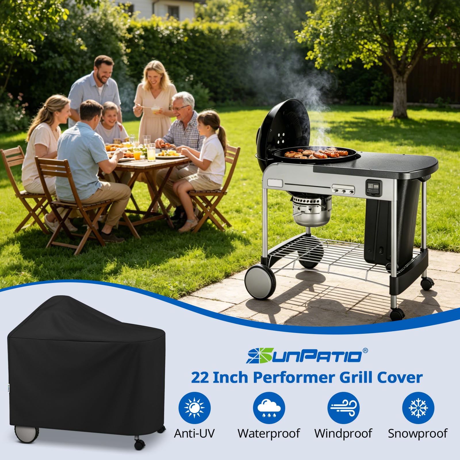 Sunpatio Cubierta impermeable para parrilla de exterior, resistente al agua, para Weber Performer Premium y Deluxe de 55,88 cm, resistente a los rayos UV, protección contra todo tipo de clima,
