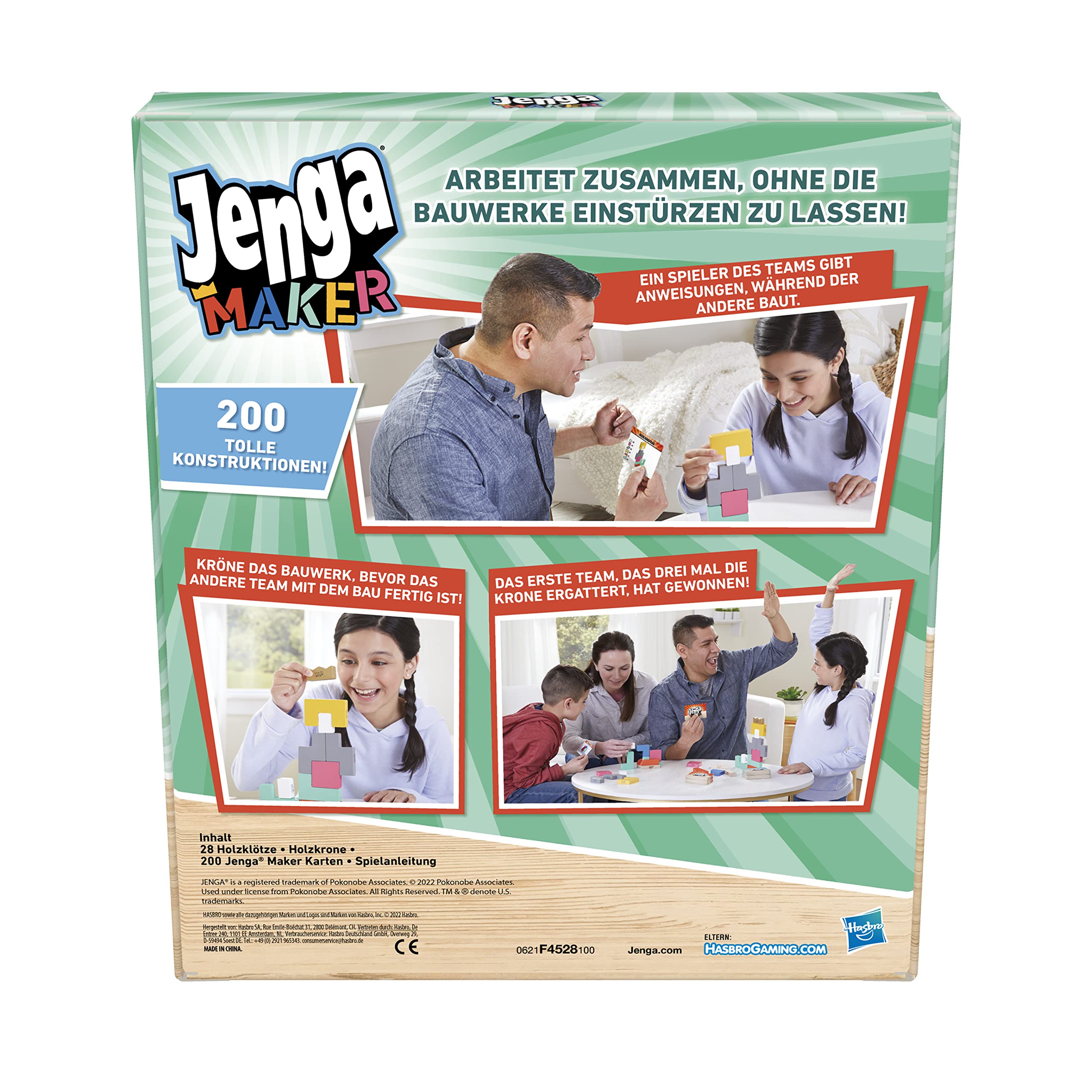 Hasbro Gaming Jenga Maker, klocki z prawdziwego drewna twardego, gra w stos dla dzieci od 8 lat, gra dla 2-6 graczy