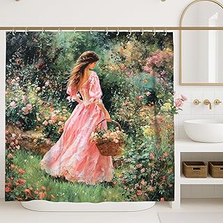 Floral Shower Curtain, Peach Woman with Basket and Flower Garden Design,...