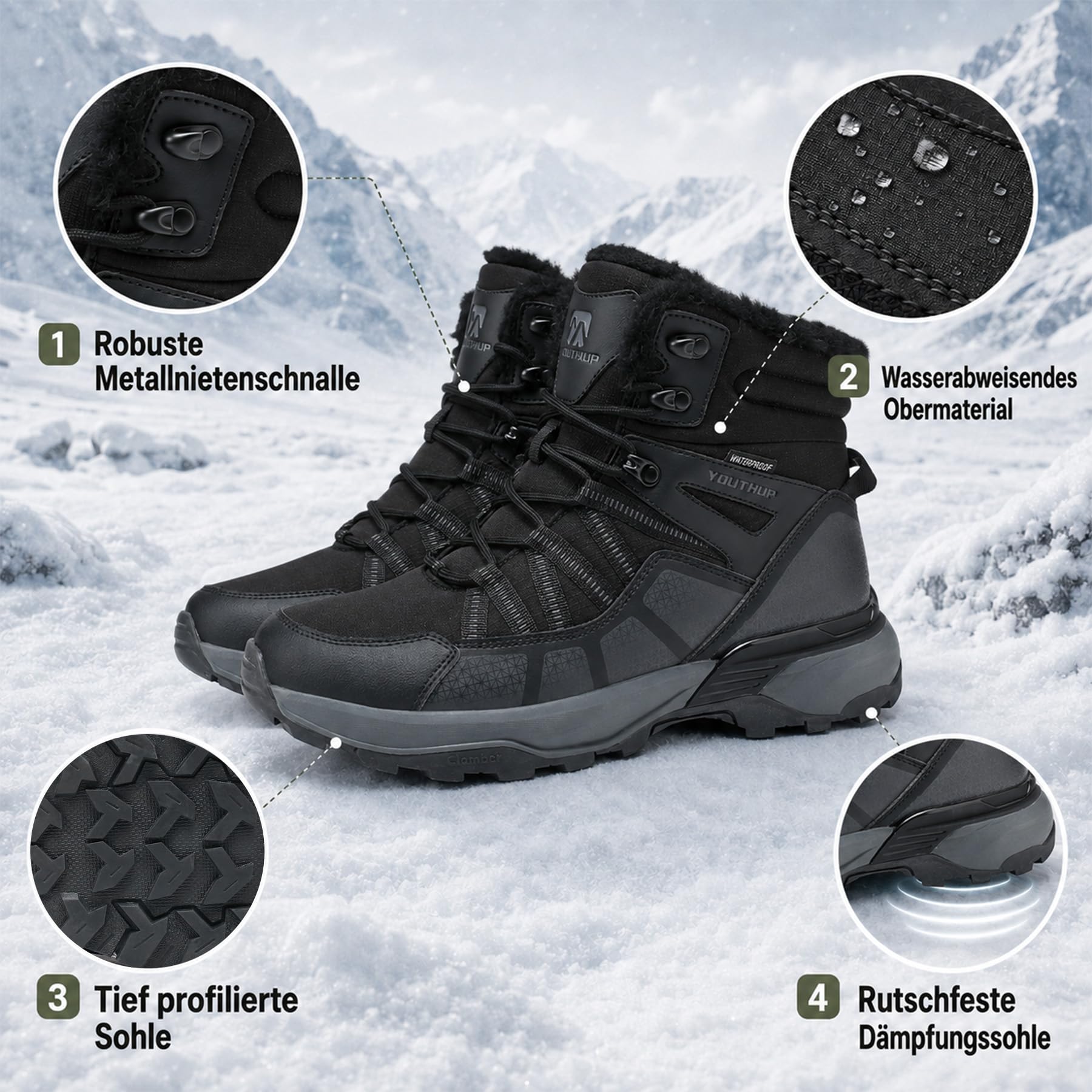 YOUTHUP Herren Winterstiefel Wasserdicht Warm Extra Dicke Schneestiefel
