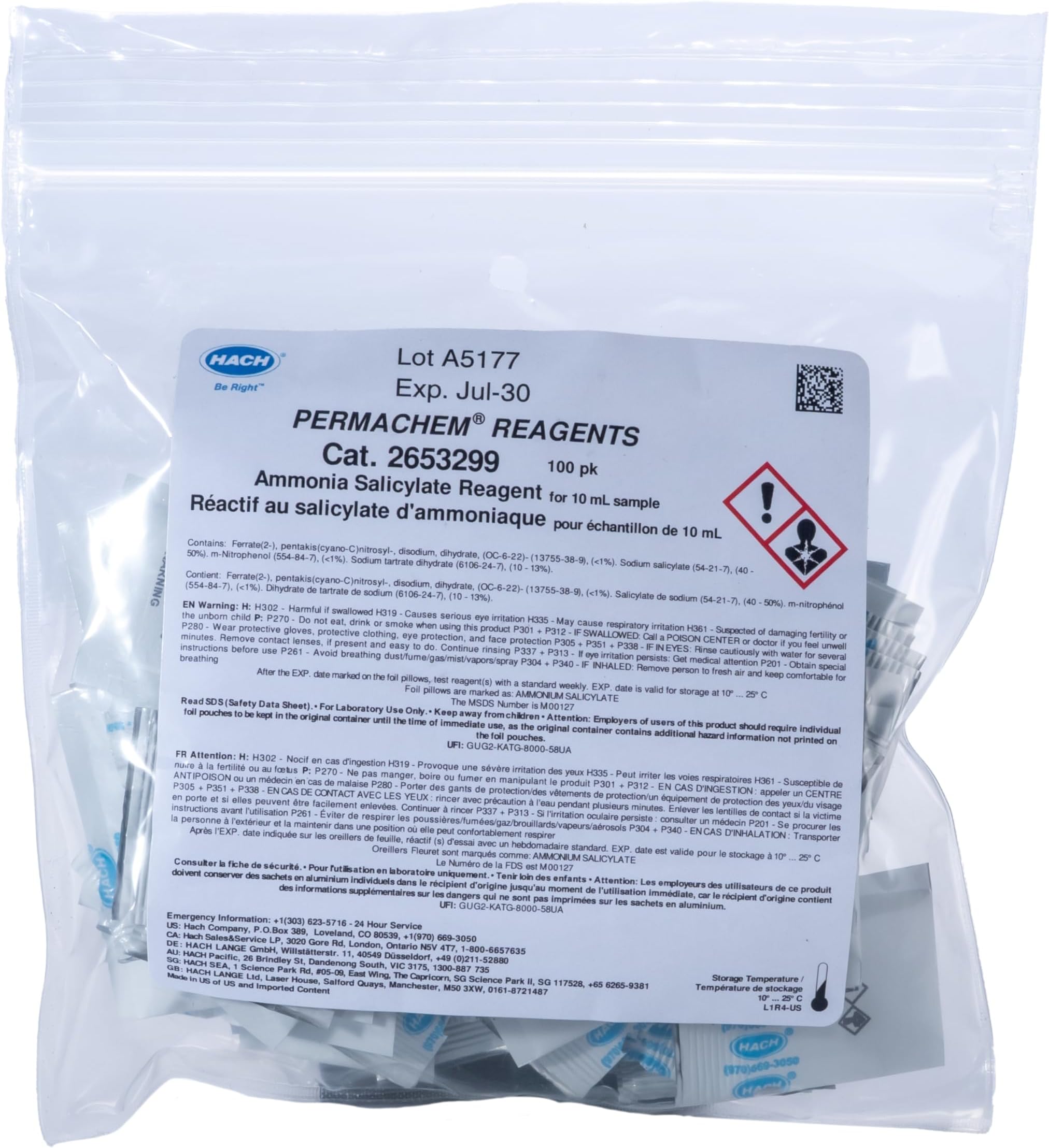 Ammonia Salicylate Reagent Powder Pillows, Salicylate Method, Hach Method 8155, Range 0.01–0.50 mg/L NH3-N, 10 mL Sample, 100/pk, 2653299