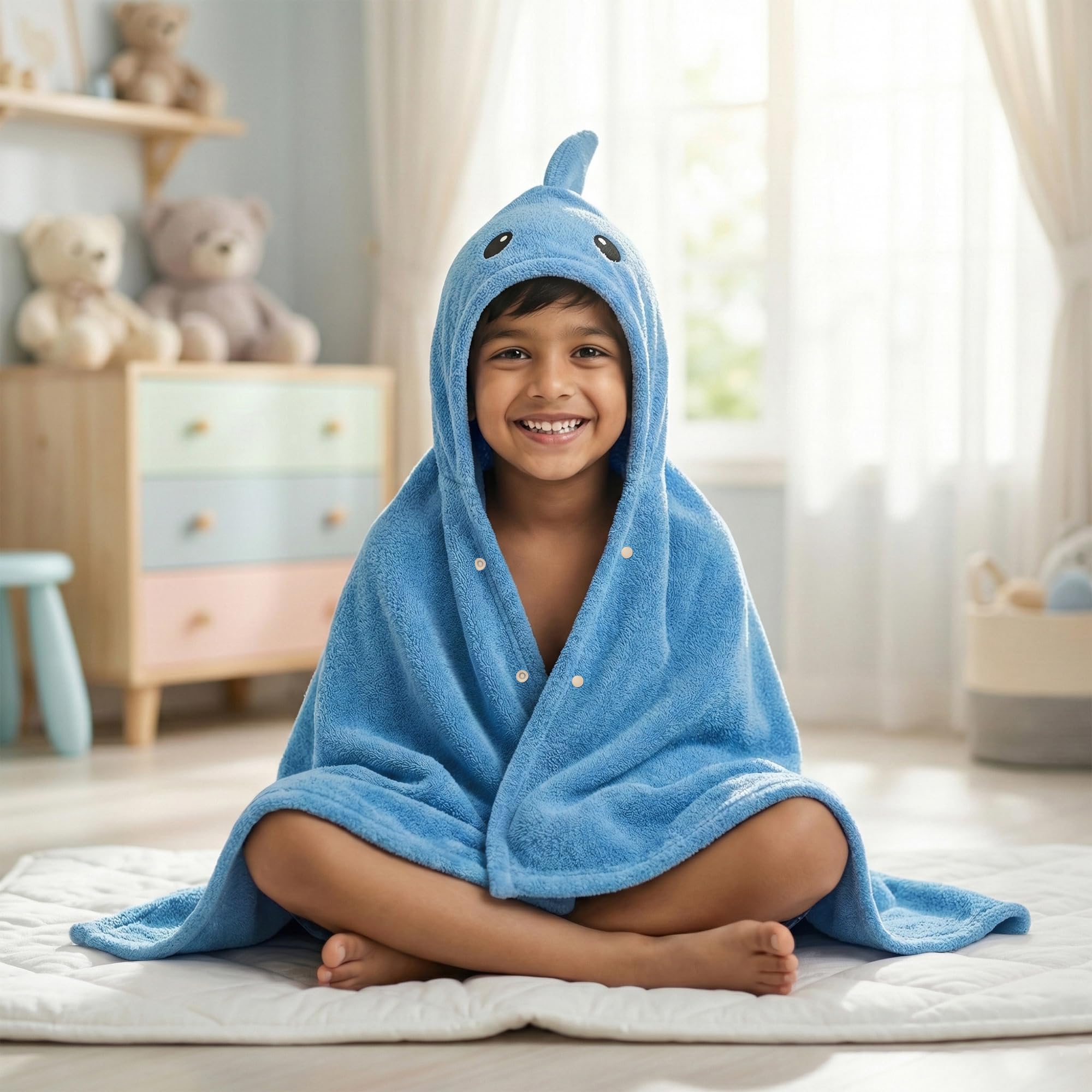 Story@Home Towel for Kids with Hood | Quick Dry Kids Towel | Soft Lightweight Baby Wrap for Beach |300 GSM 120 X 60CM Pool Towel for Boys & Girls |Kids Microfiber Towels for Bath - Blue Shark-image-40