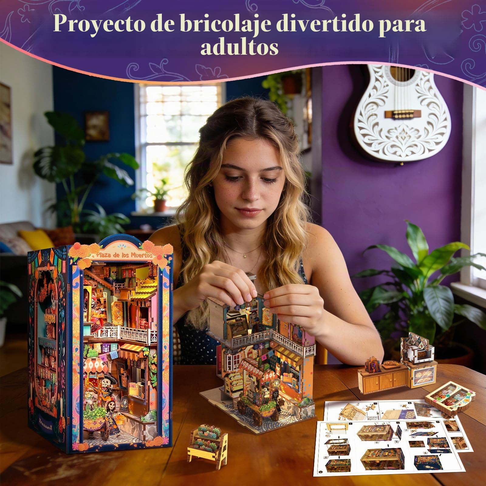 Fsolis Kit Book Nook Casa de muñecas Miniatura (Plaza de los Muertos) | Puzzle 3D Madera para Adultos con Luz LED, Decoración de Estantería & Regalo Creativo