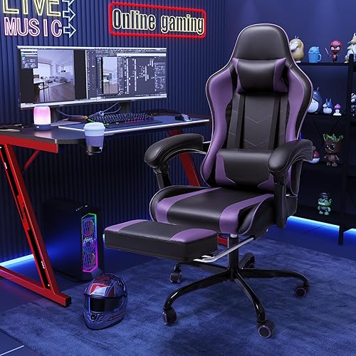 Miniatura 2 de Silla de juegos Shahoo con reposapiés y soporte lumbar de masaje, sillas de computadora, asiento de carreras de video con altura ajustable, giro de